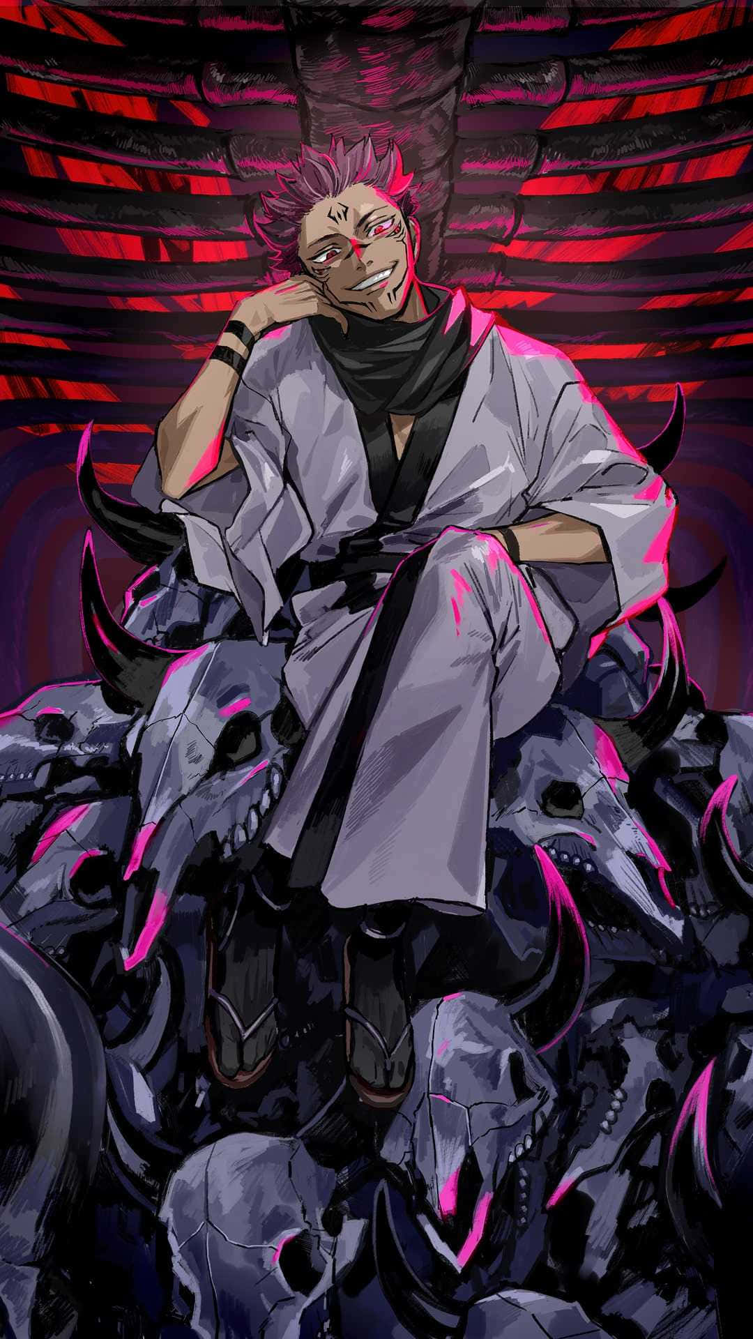 Sukuna Mobile, spiky-haired anime character, red eyes, Full HD Phone Wallpaper