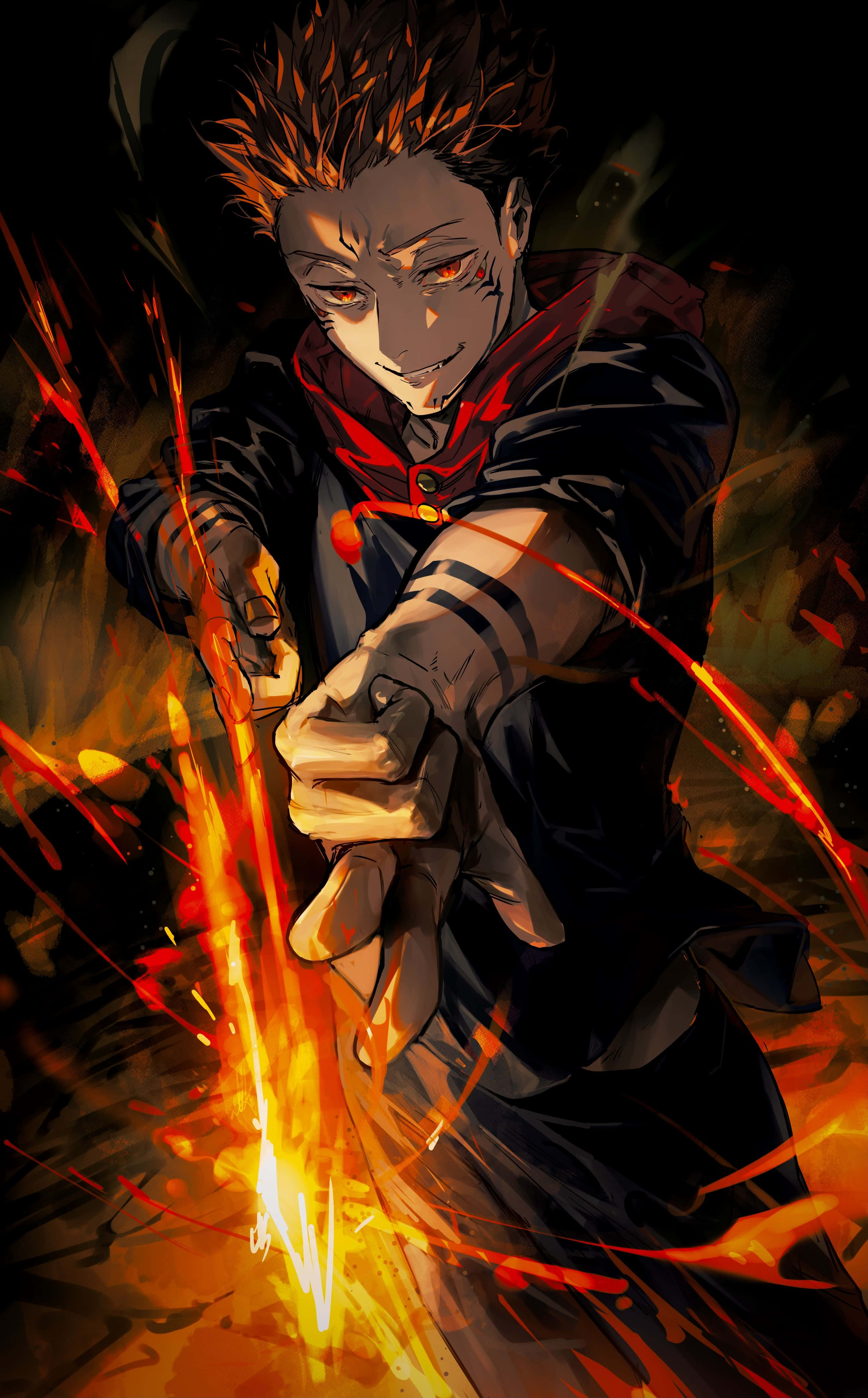 Sukuna Mobile, fiery anime character, spiky hair, 4K Phone Wallpaper