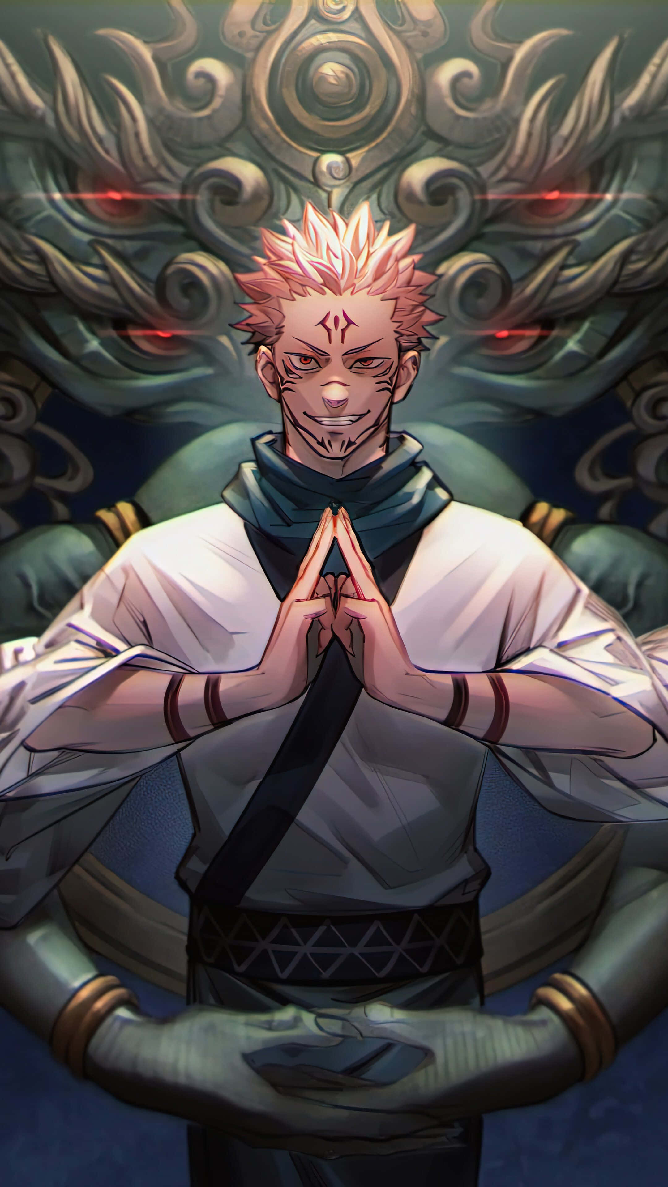 Sukuna Mobile, pink hair, glowing dragon head, 4K Phone Wallpaper
