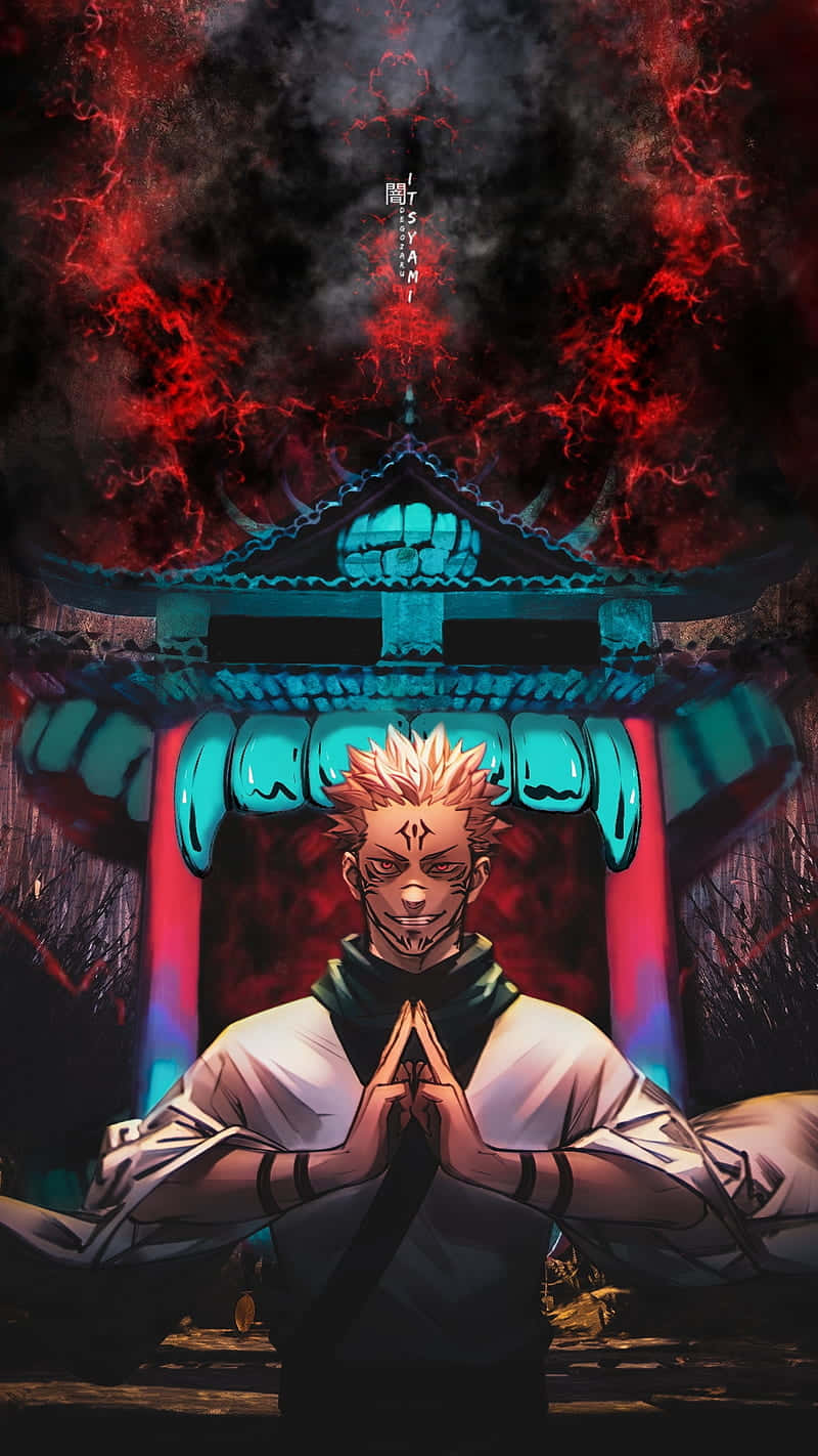 Sukuna mobile, spiky-haired anime warrior, glowing blue shrine, HD Phone Wallpaper