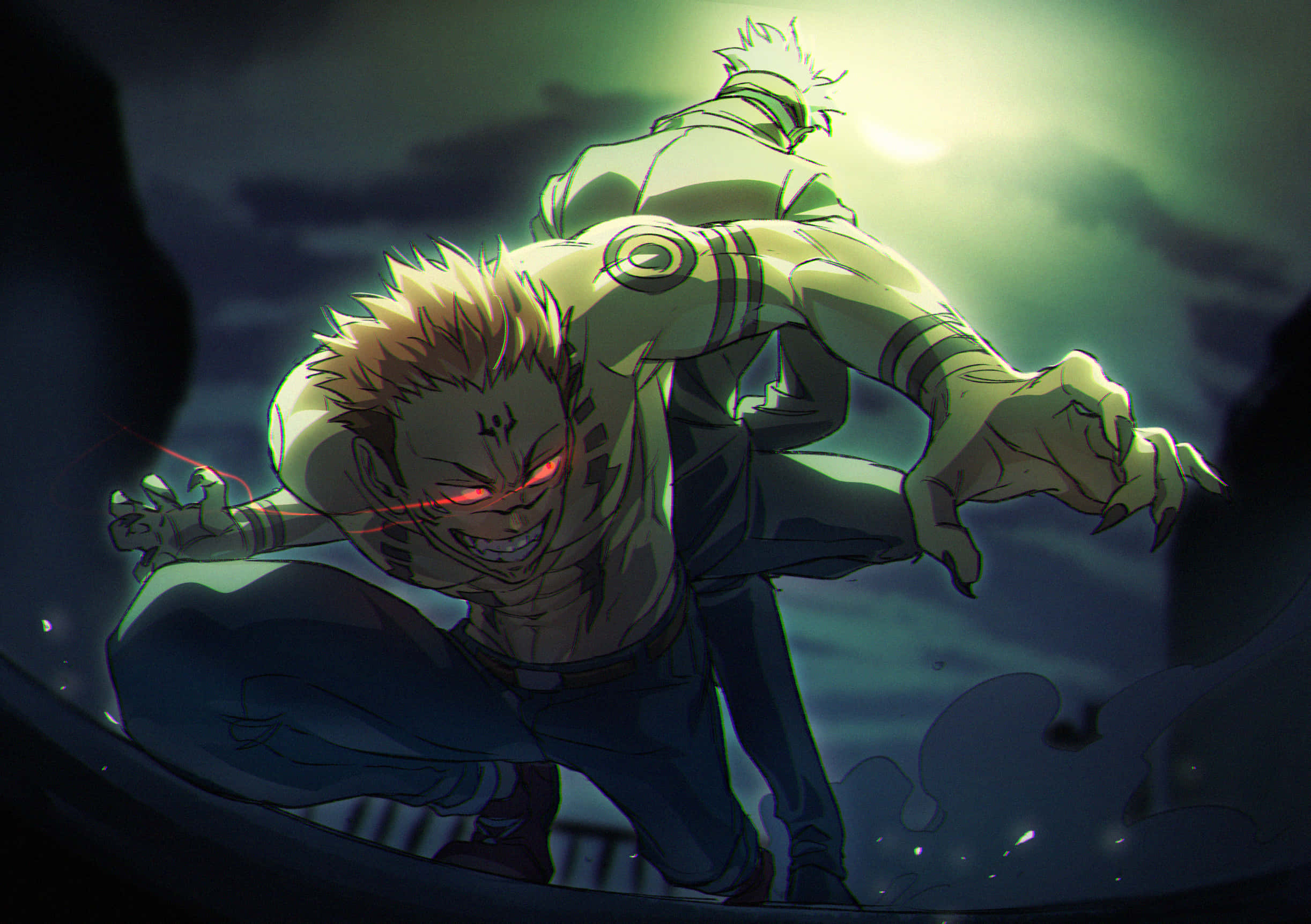 Sukuna Mobile, glowing green moon, electric energy, Full HD Desktop Wallpaper