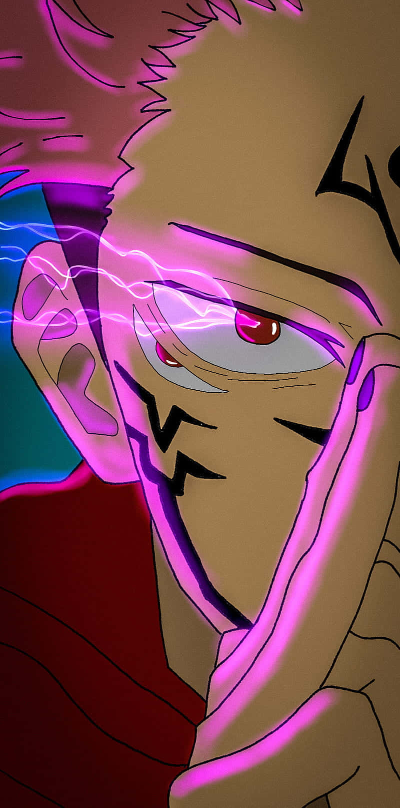 Sukuna Mobile, glowing pink lightning, red eyes, HD Phone Wallpaper