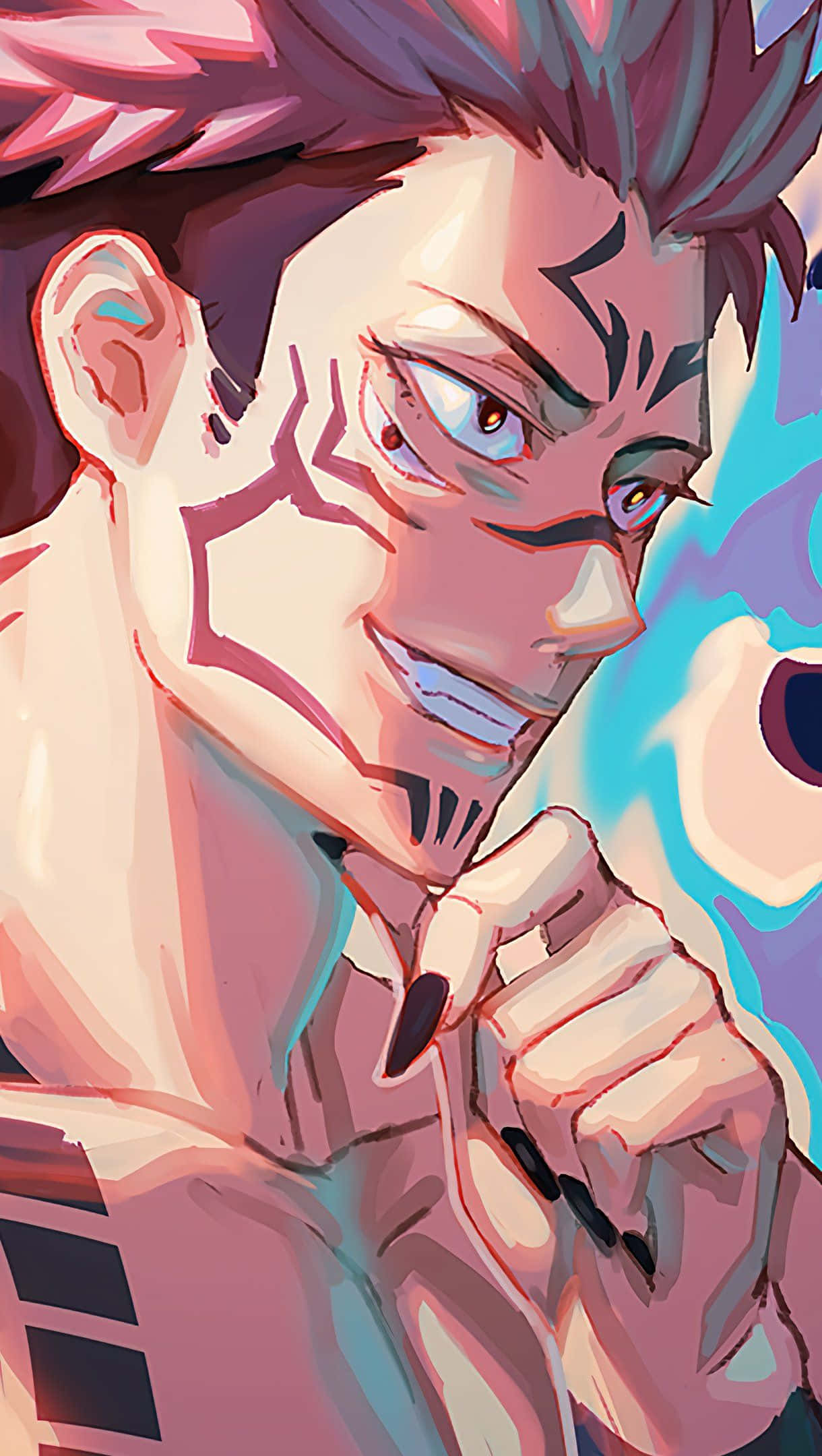 Sukuna Mobile, spiky pink hair, glowing eyes, Full HD Phone Wallpaper