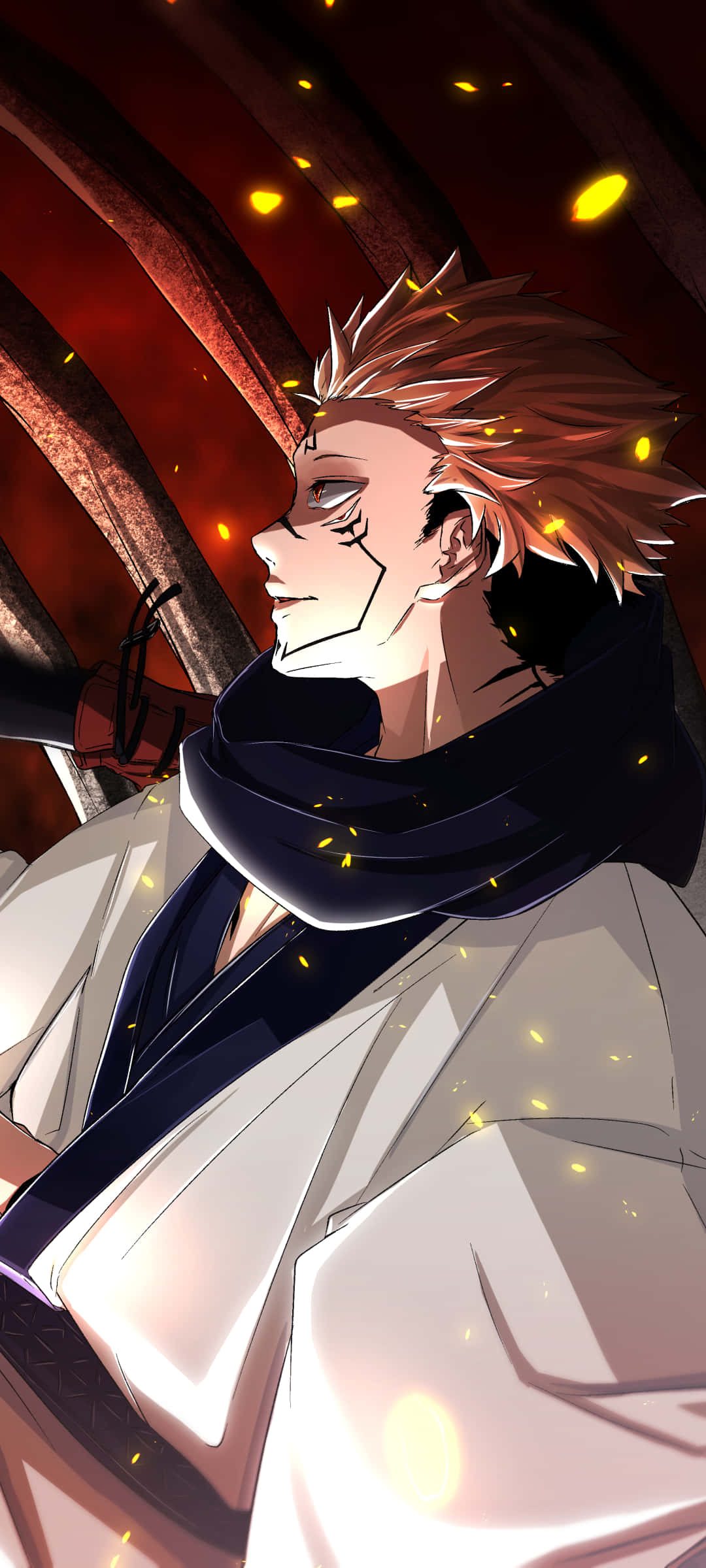 Sukuna Mobile, spiky orange hair, dark scarf, Full HD Phone Wallpaper