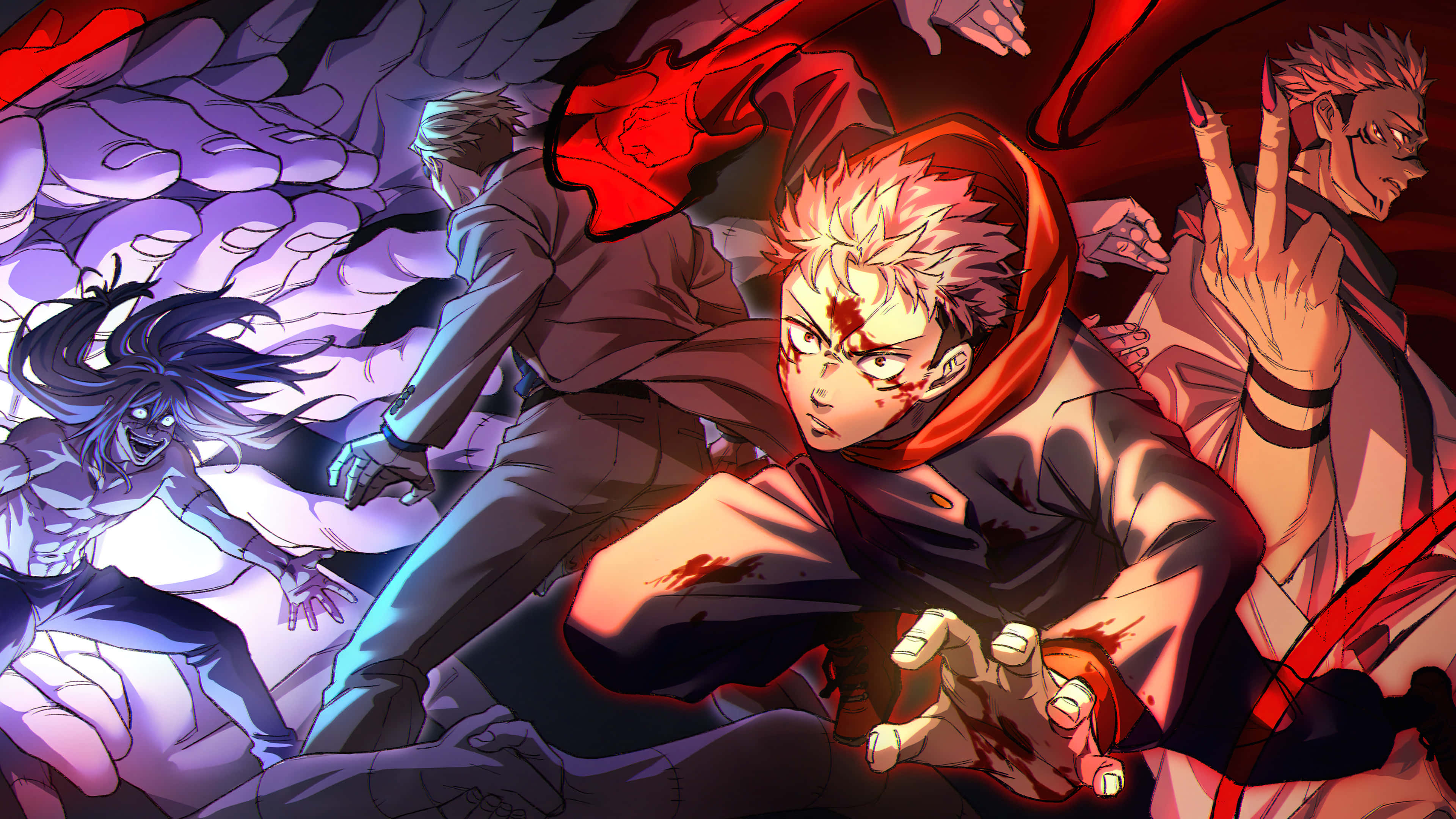 Sukuna Mobile, red and black hair, bloodied face, 4K Desktop Wallpaper