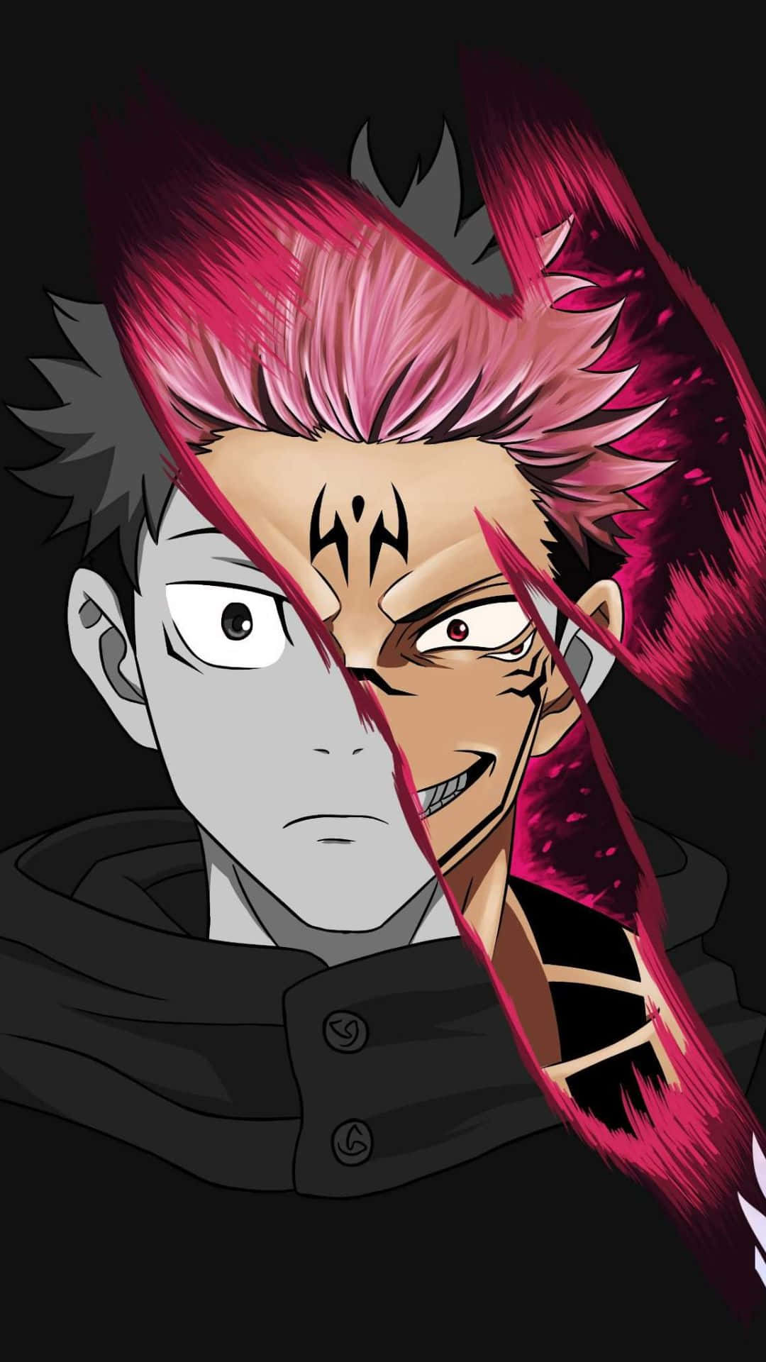 Sukuna Mobile, pink hair, black background, Full HD Phone Wallpaper