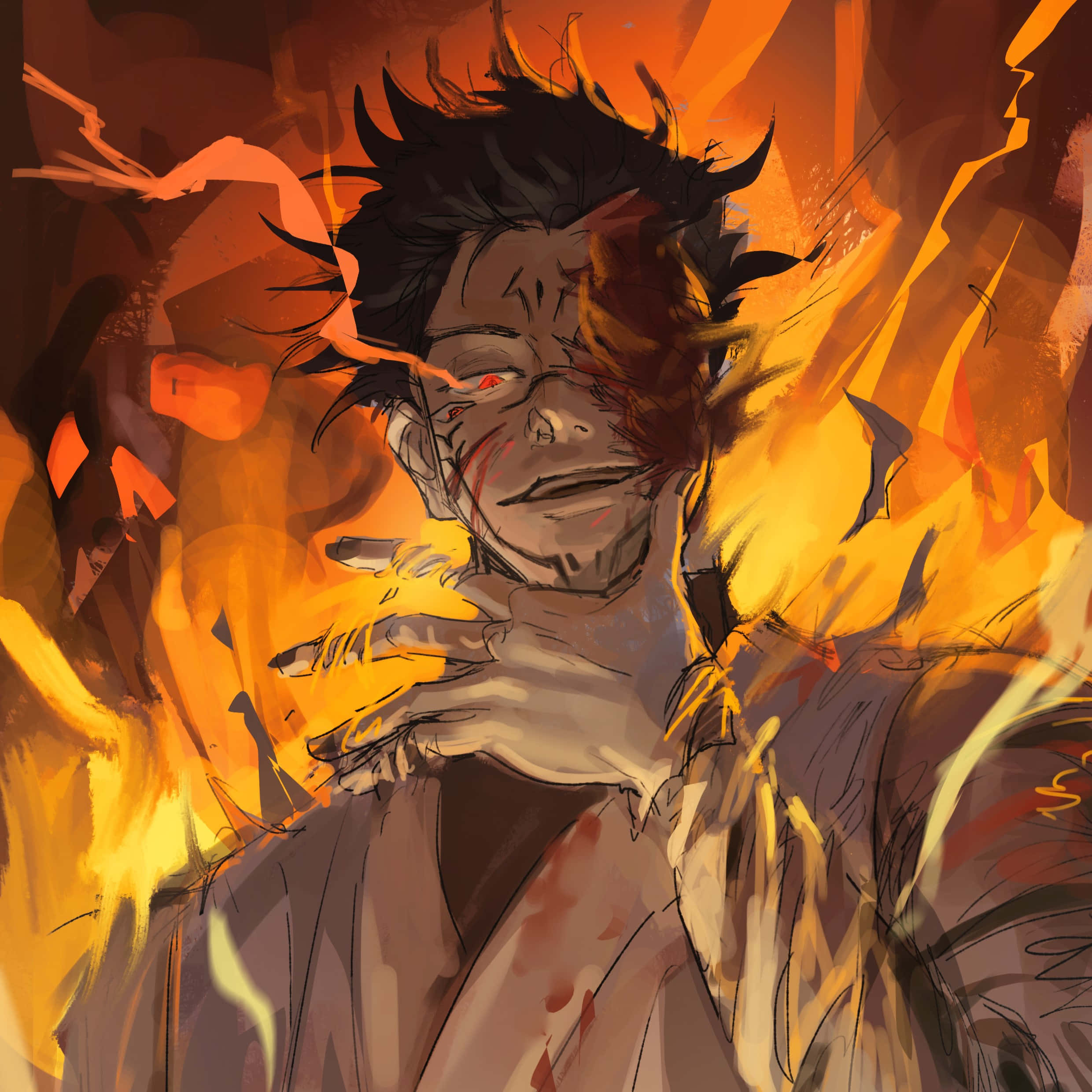 Sukuna, smirk, flames, Full HD Desktop Wallpaper