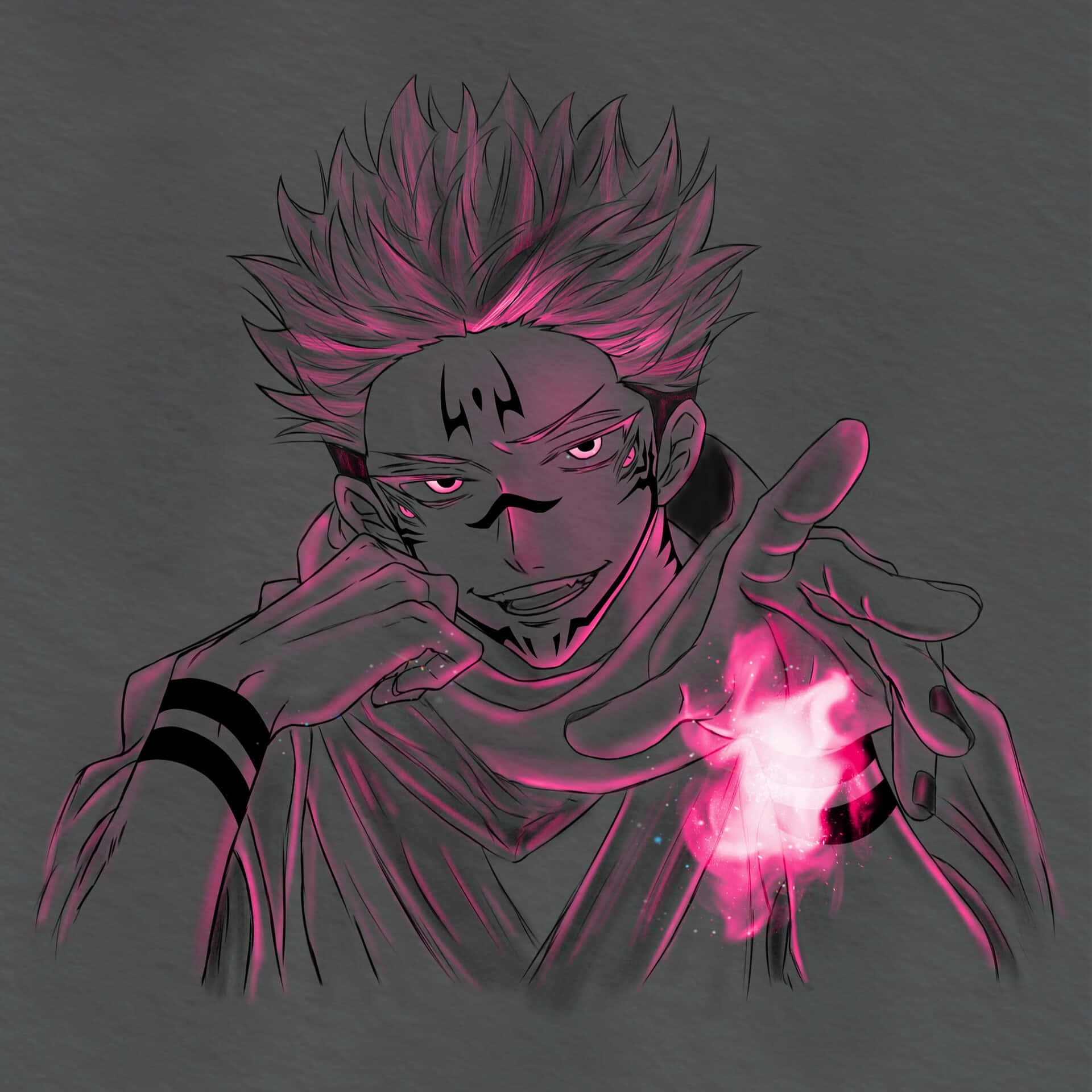 Sukuna, spiky-haired anime character, glowing pink eyes, Full HD Desktop Wallpaper