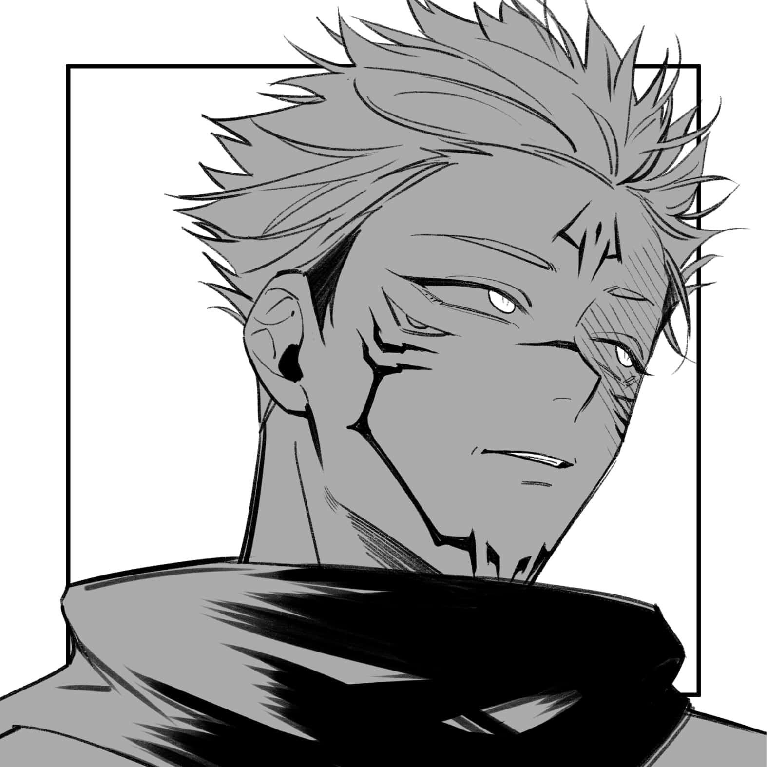 Sukuna, monochrome, anime-style portrait, HD Desktop Wallpaper