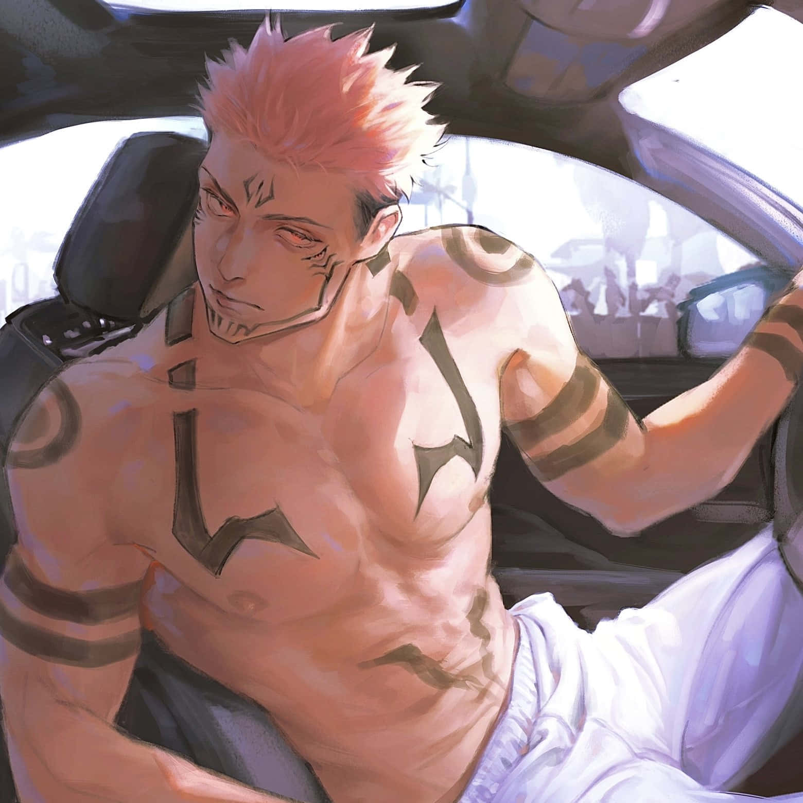 Sukuna, pink hair, black tattoos, HD Desktop Wallpaper