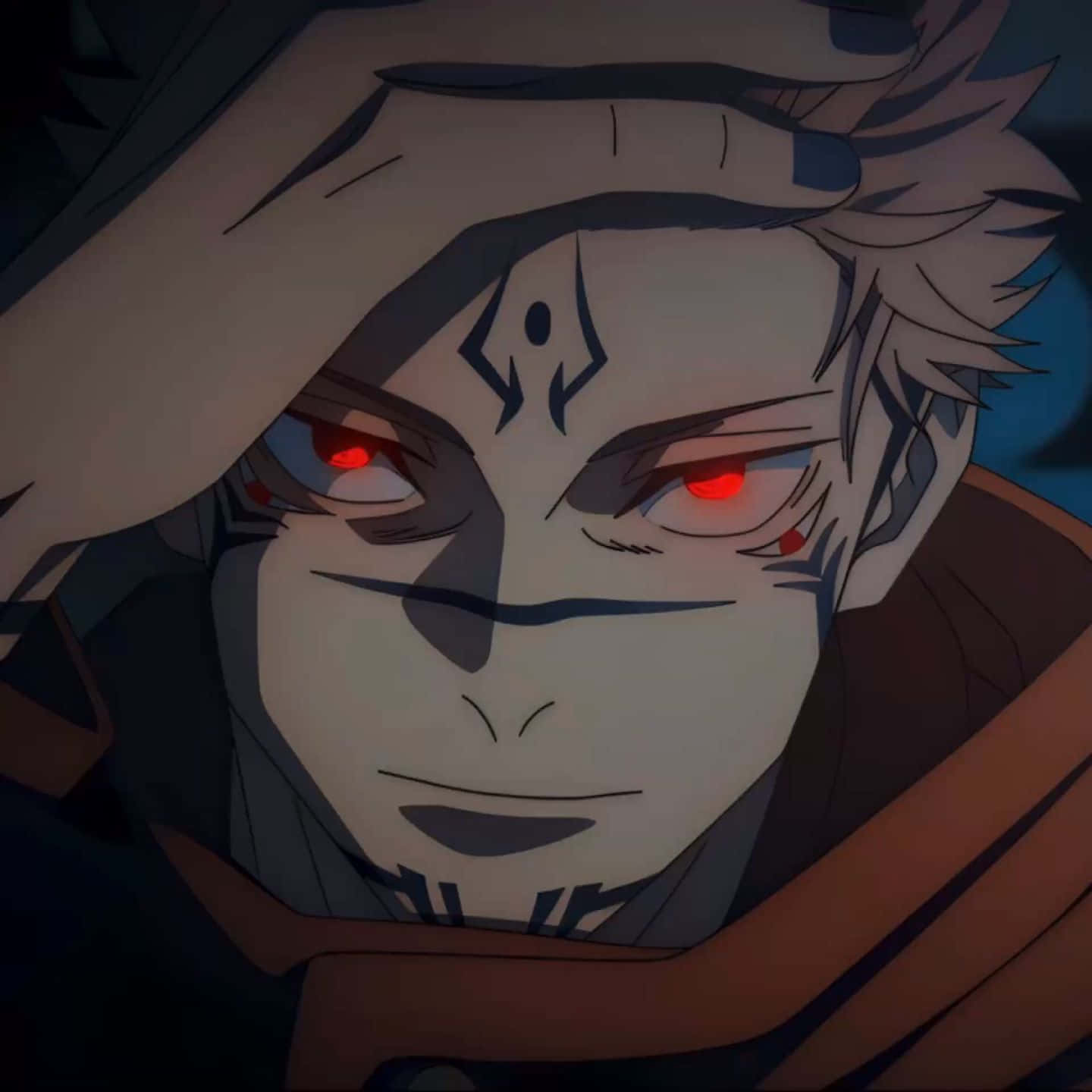 Sukuna, glowing red eyes, dark markings on his face, HD Desktop Wallpaper