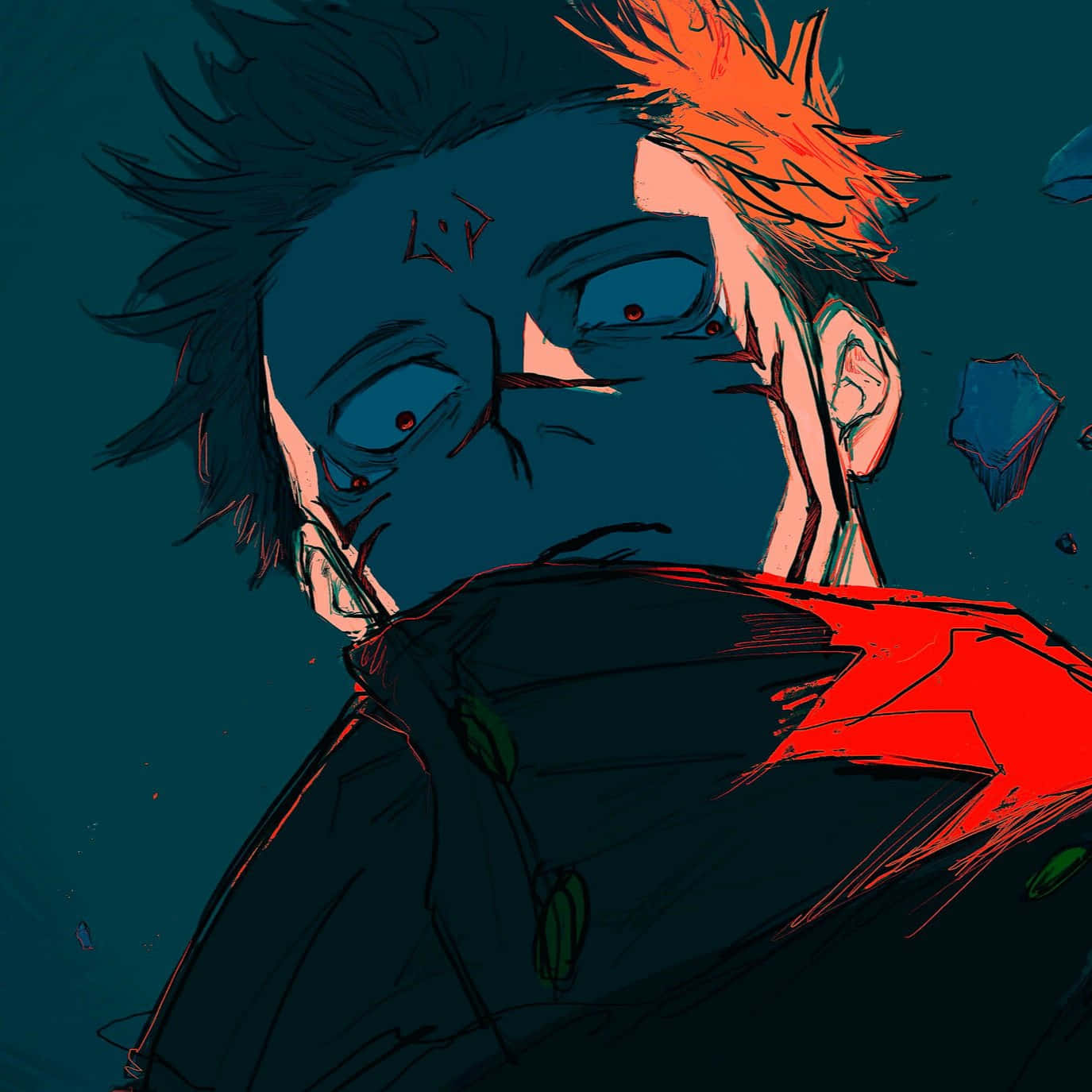 Sukuna, spiky orange hair, blue skin, HD Desktop Wallpaper