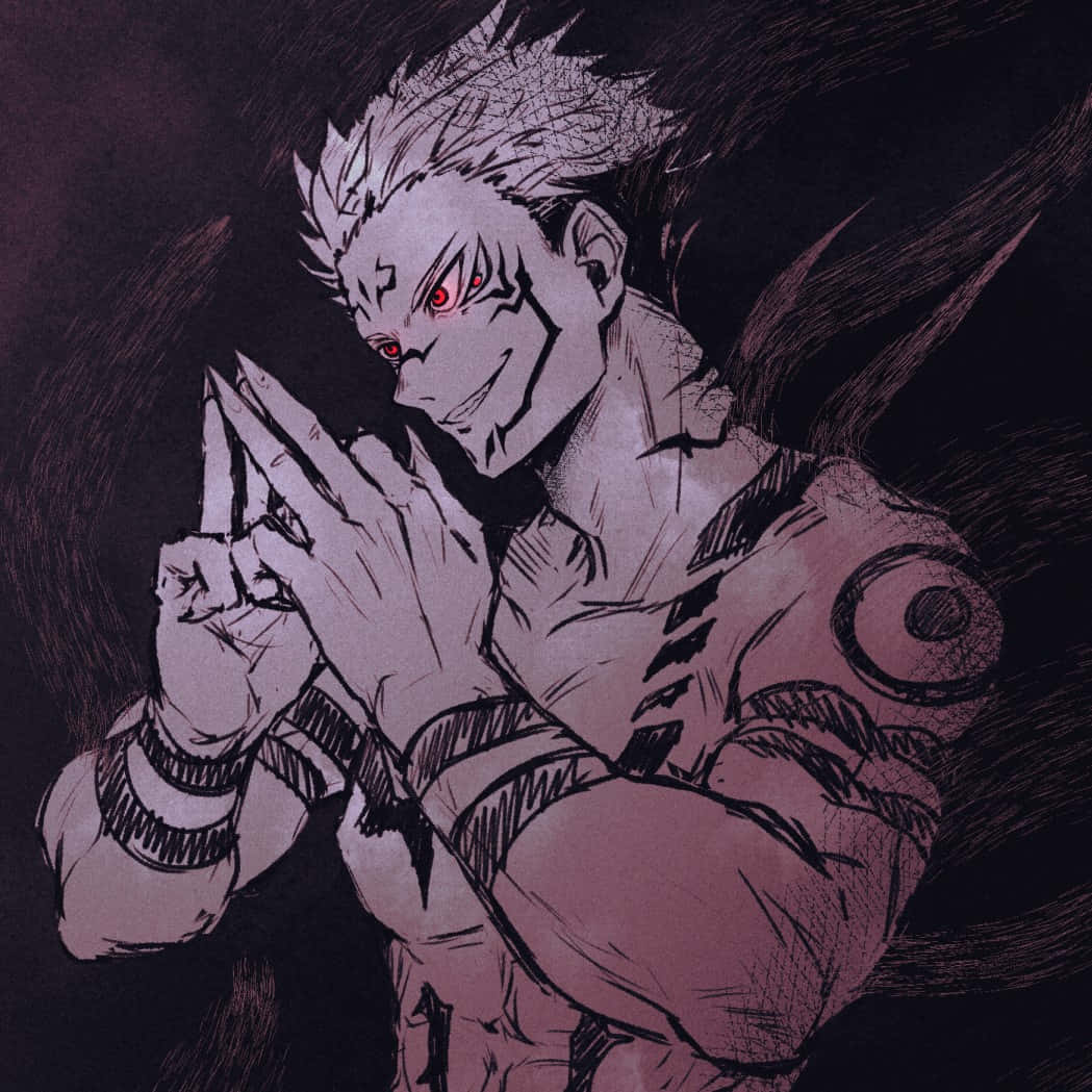 Sukuna, spiky white hair, glowing red eyes, SD Desktop Wallpaper