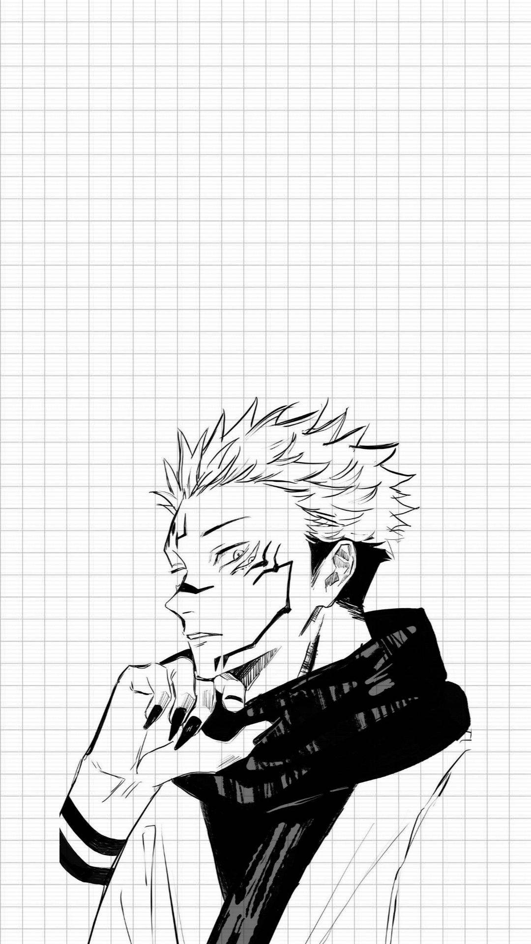 Sukuna, ballpoint pen sketch, black and white, Full HD Phone Wallpaper