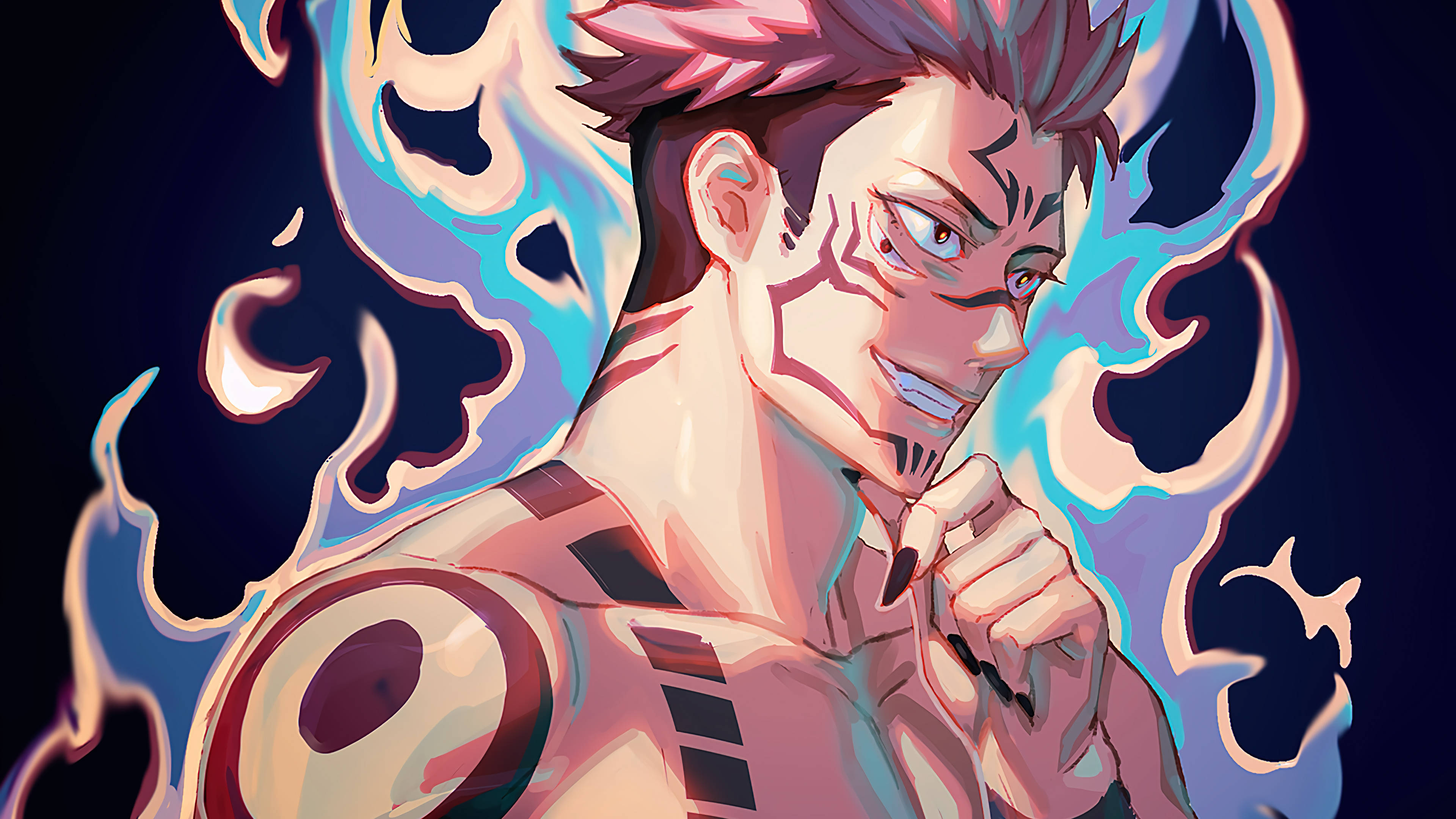 Sukuna, pink hair, glowing blue flames, 4K Desktop Wallpaper