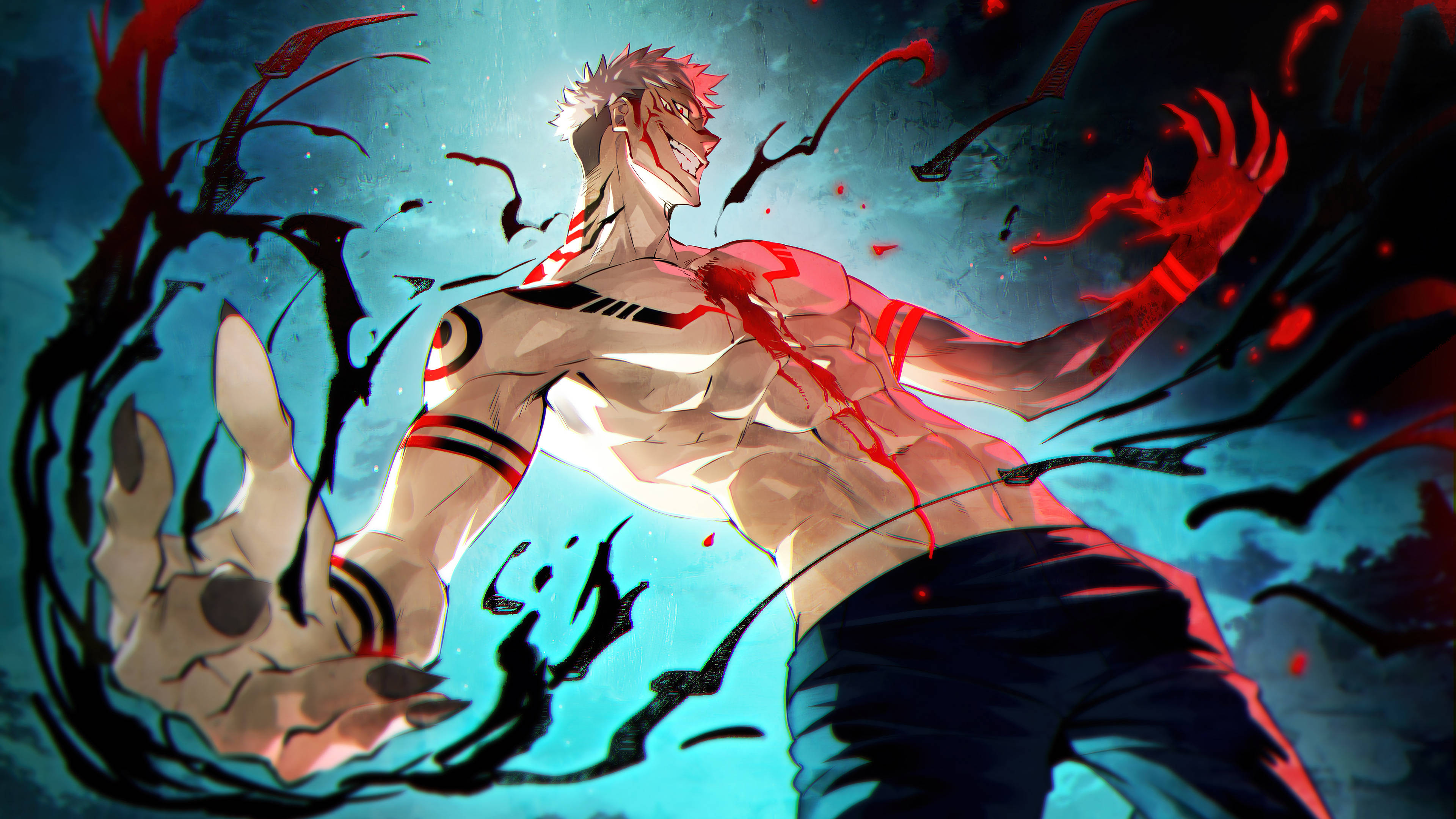 Sukuna, red hair, blood streaks, 4K Desktop Wallpaper