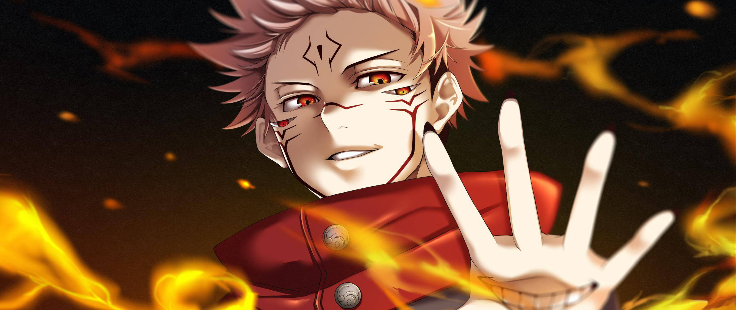 Sukuna, fiery eyes, red markings, 2K Desktop Wallpaper