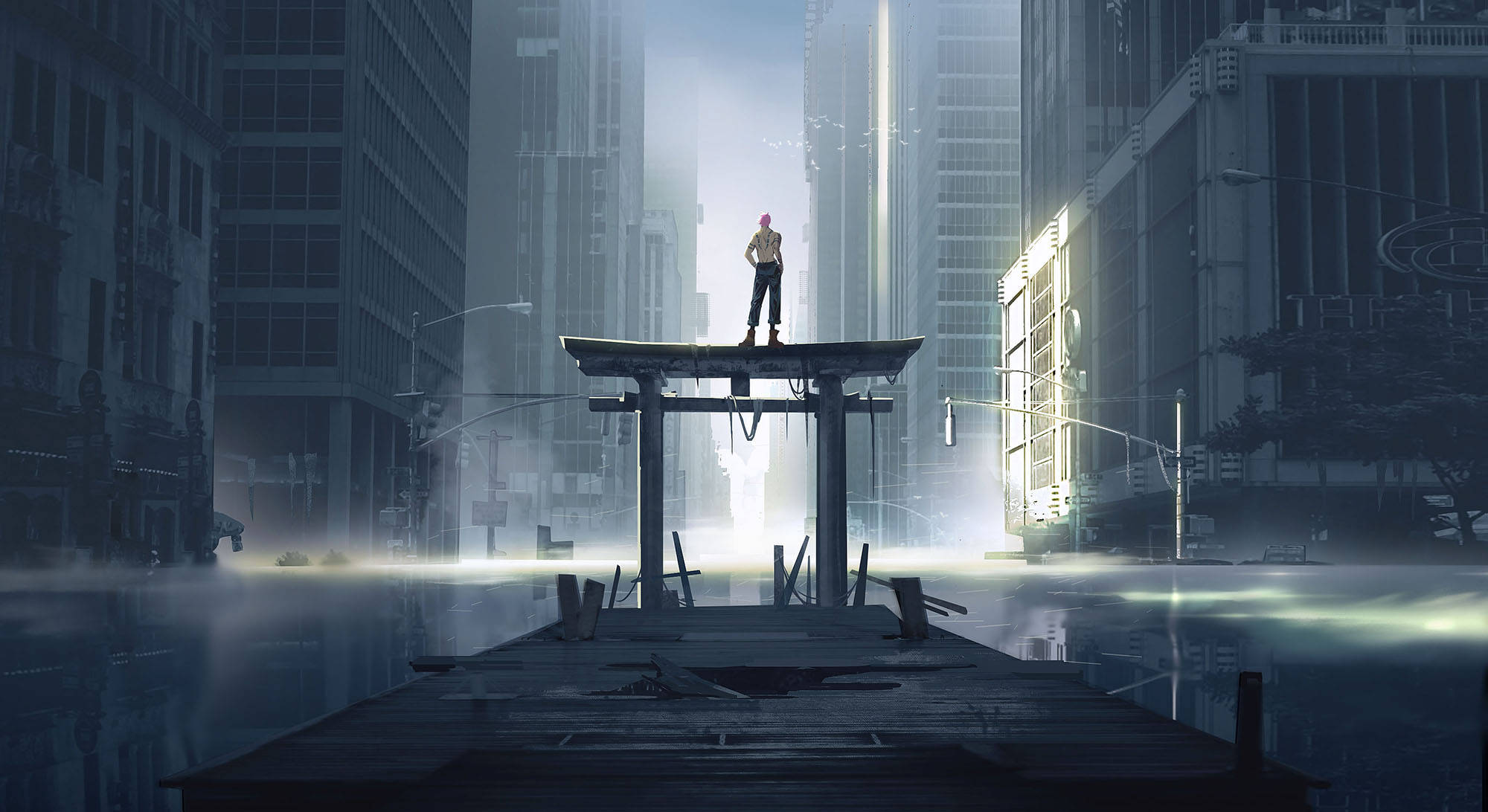 Sukuna, torii gate, flooded futuristic cityscape, Full HD Desktop Wallpaper
