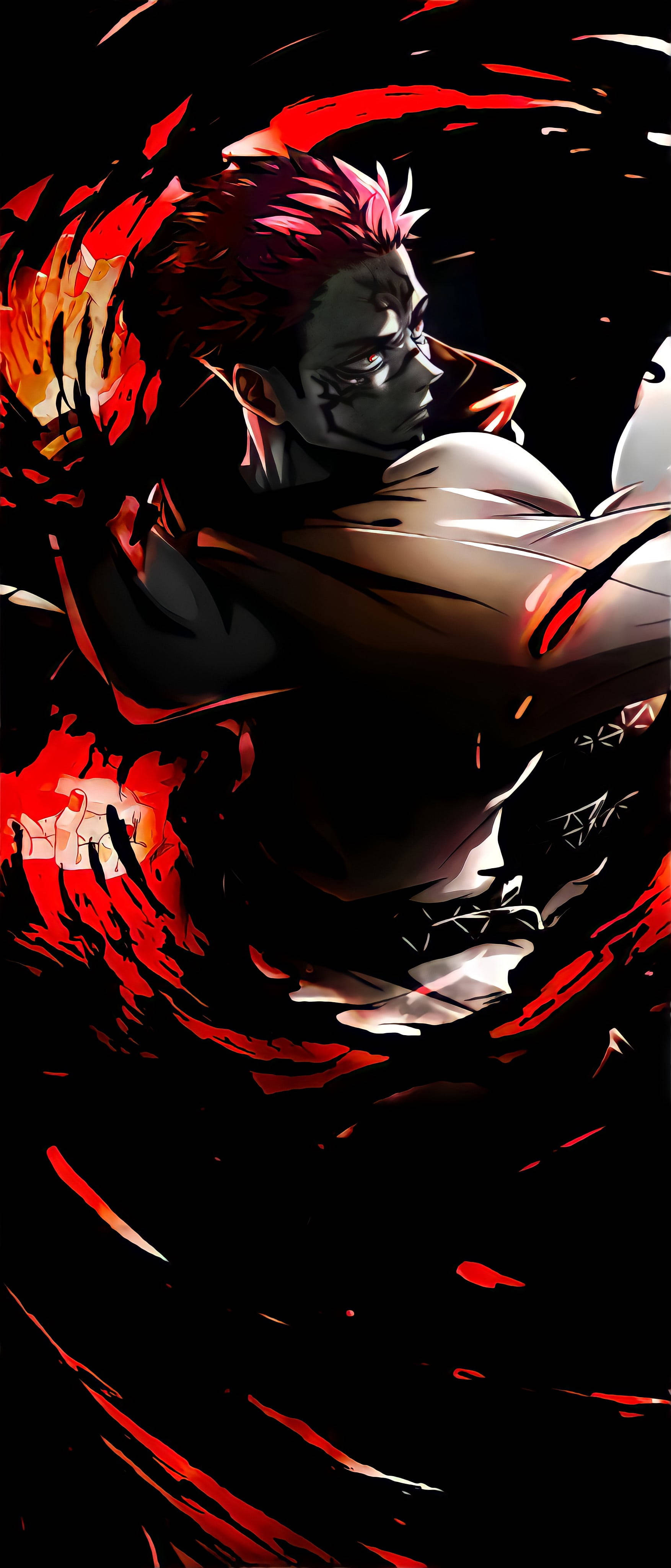 Sukuna, spiky pink hair, glowing eyes, 4K Phone Wallpaper
