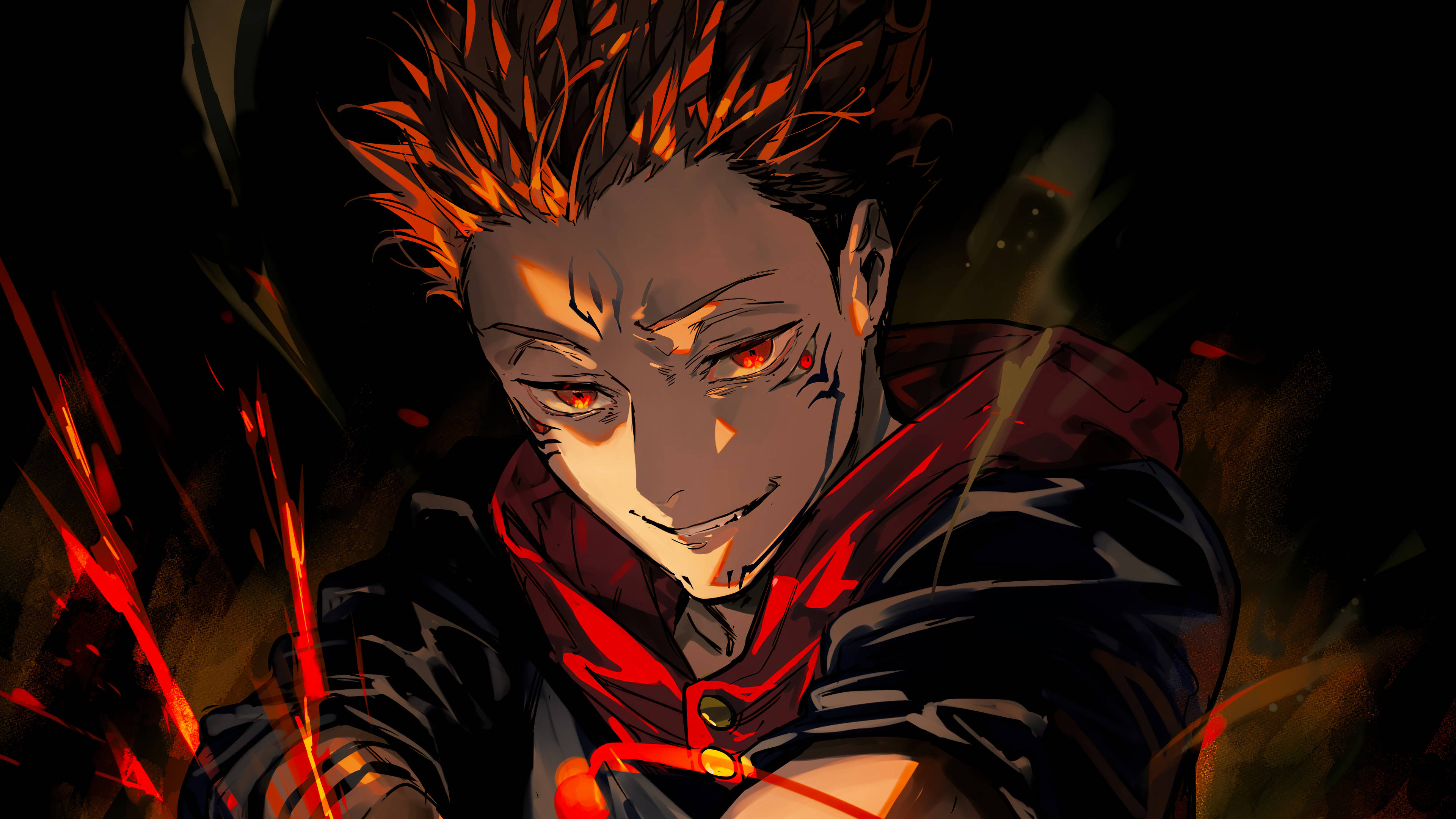 Sukuna, fiery-haired anime character, glowing red eyes, 4K Desktop Wallpaper