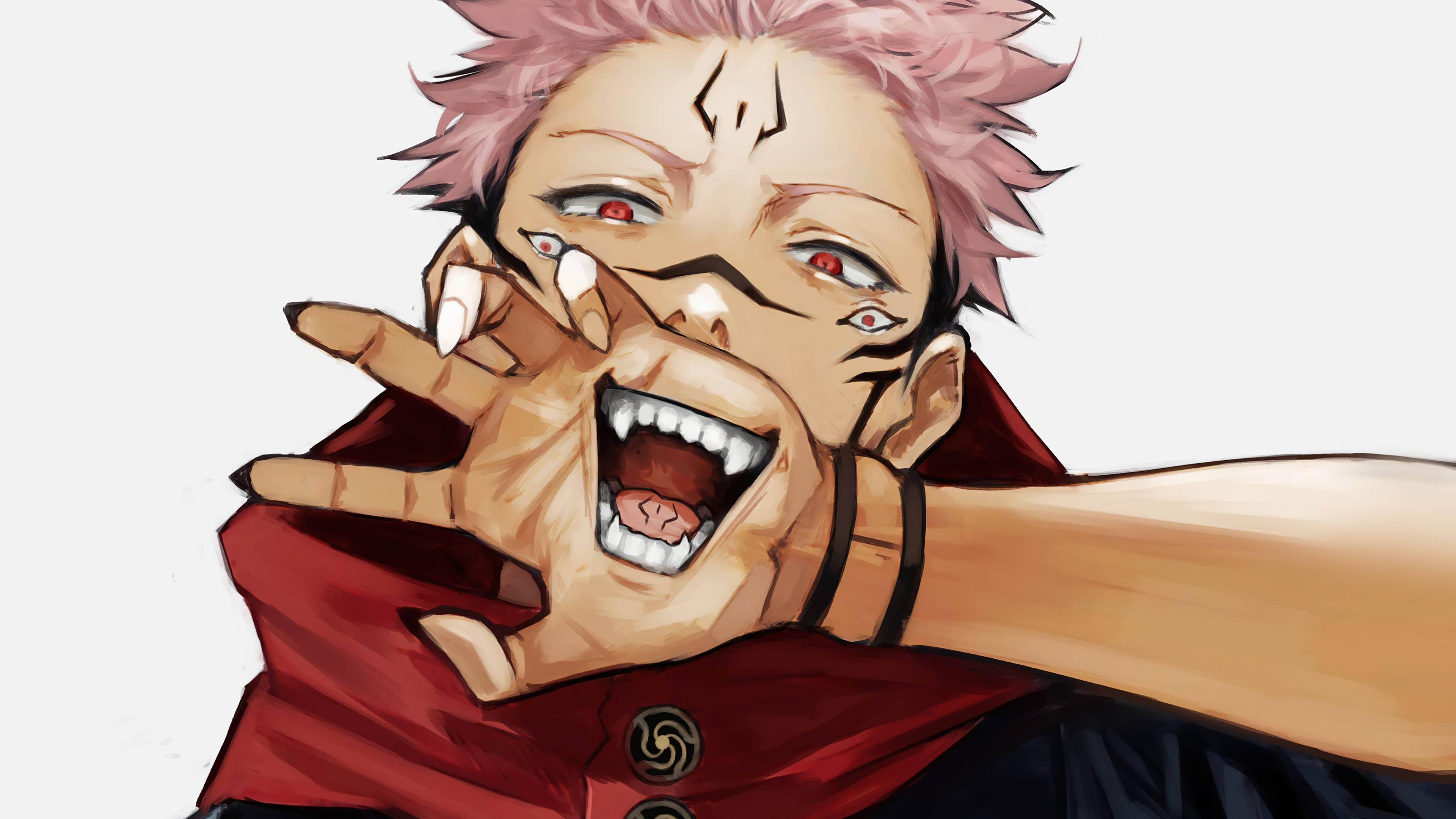 Sukuna, pink hair, red eyes, 4K Desktop Wallpaper