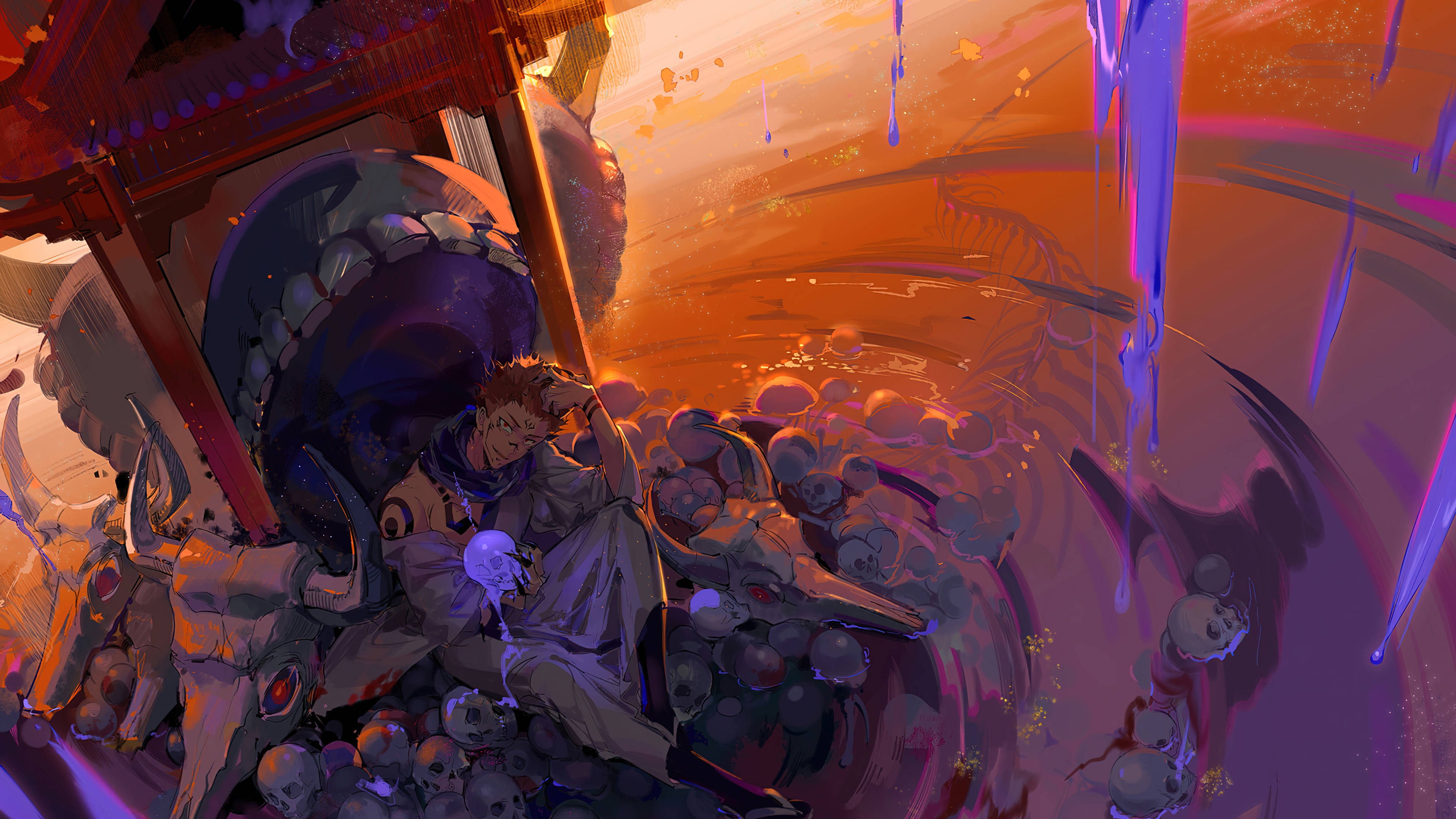 Sukuna, skulls, glowing orange sky, 4K Desktop Wallpaper