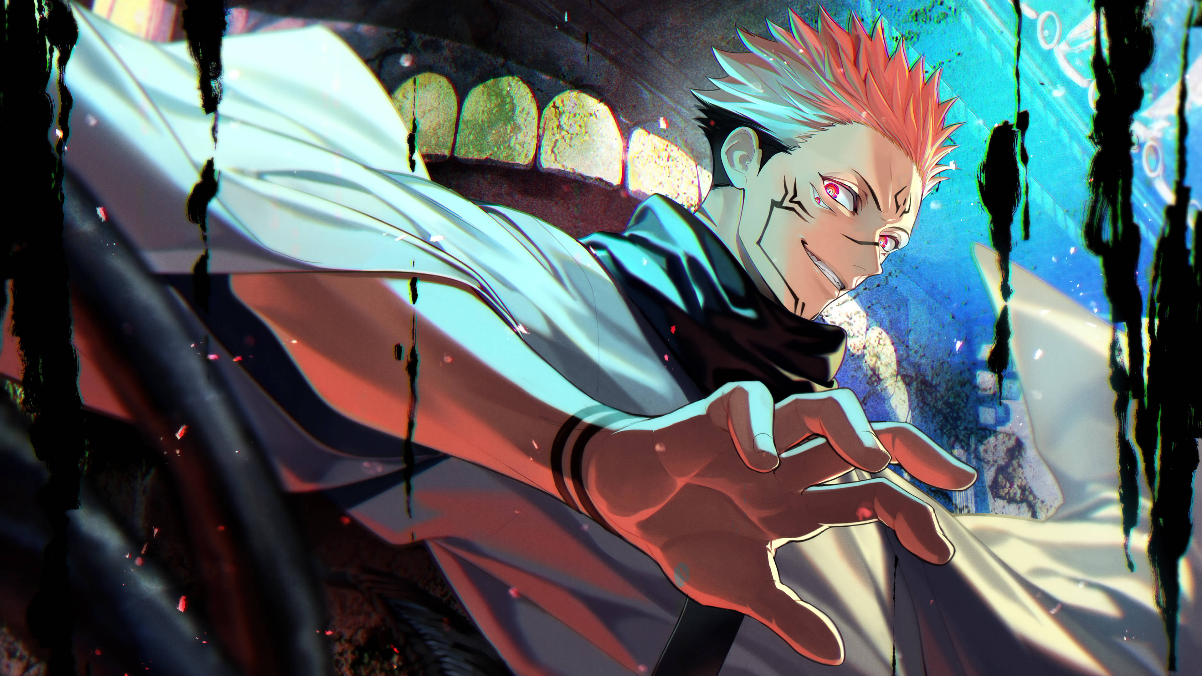 Sukuna, spiky red hair, glowing eyes, 4K Desktop Wallpaper