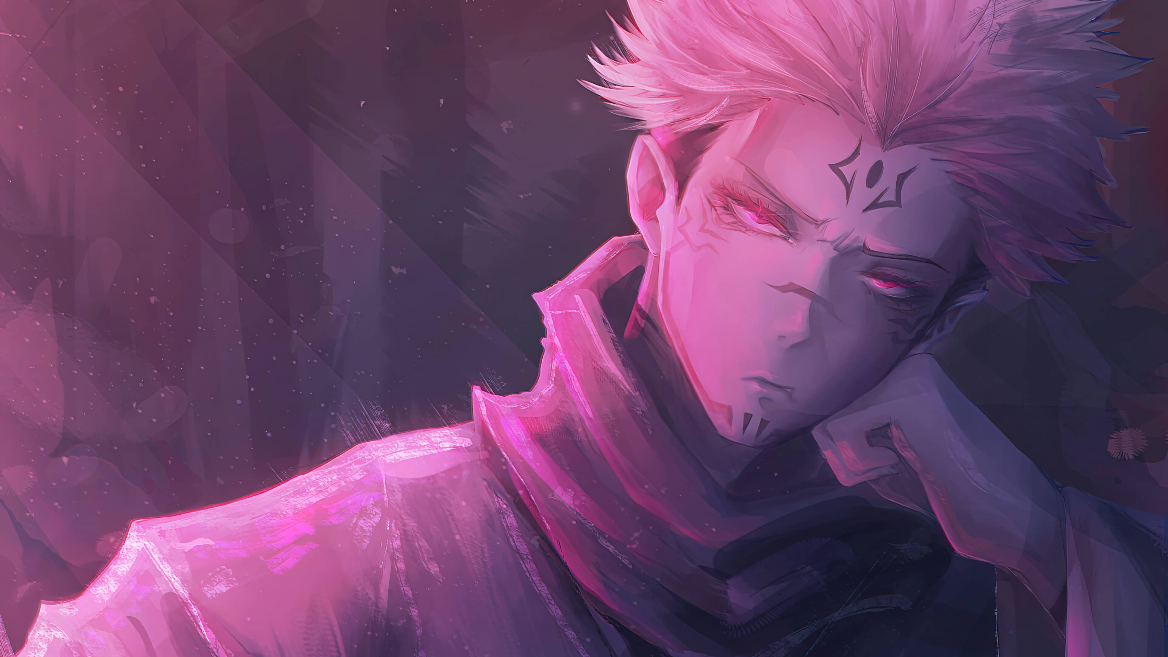 Sukuna, pink-haired, glowing red eyes, 4K Desktop Wallpaper