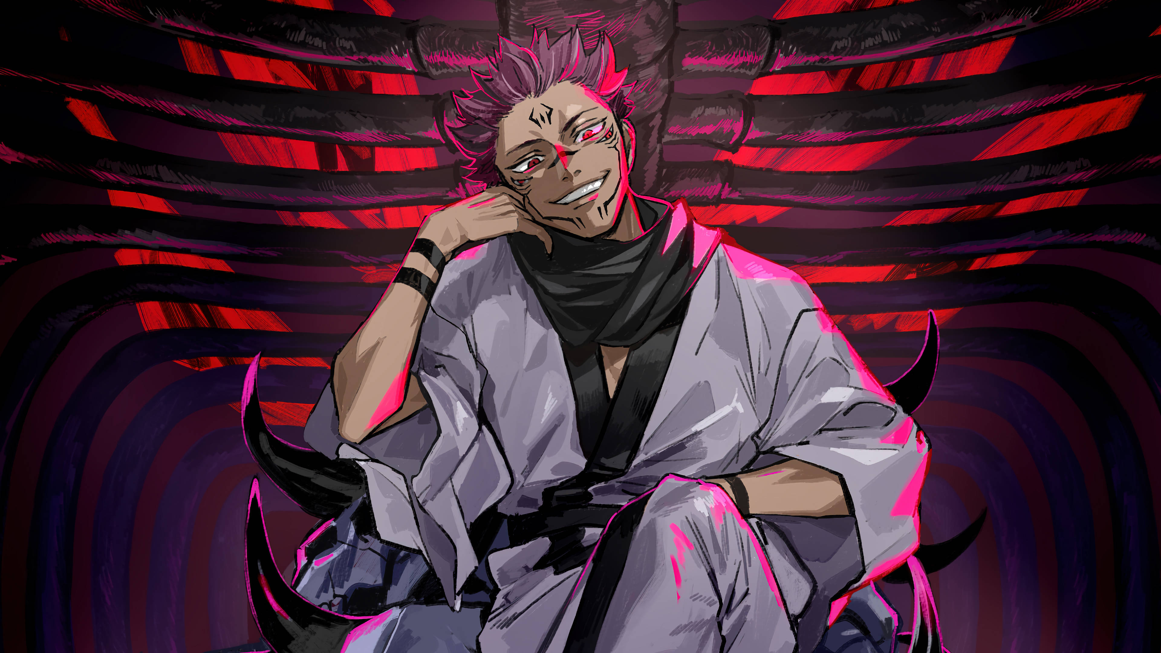 Sukuna, spiky pink hair, red eyes, 4K Desktop Wallpaper