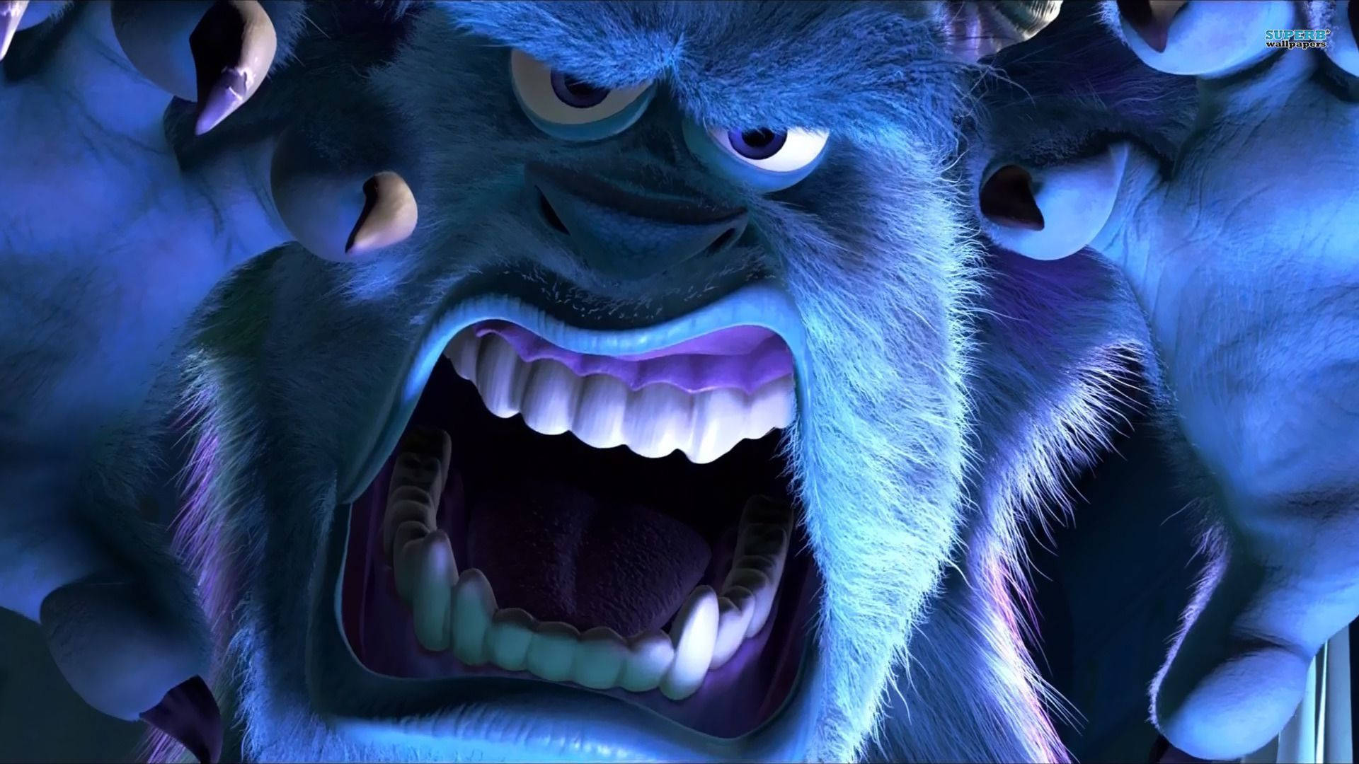 Sulley, blue furry monster, sharp teeth, Full HD Desktop Wallpaper