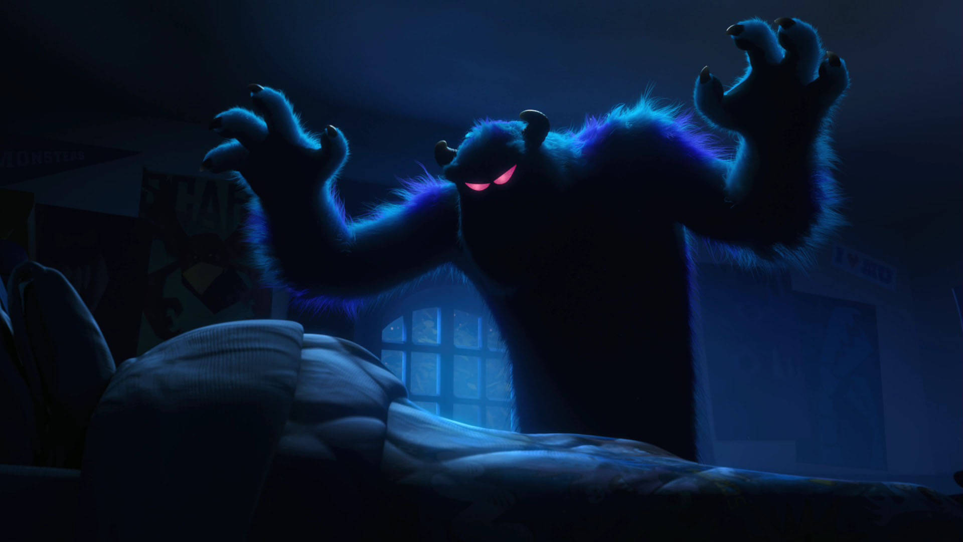 Sulley, blue furry monster, glowing red eyes, Full HD Desktop Wallpaper