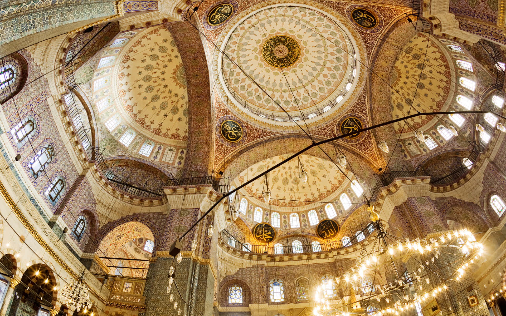 Sultan Ahmed Mosque, interior domes, ornate domes, Full HD Desktop Wallpaper