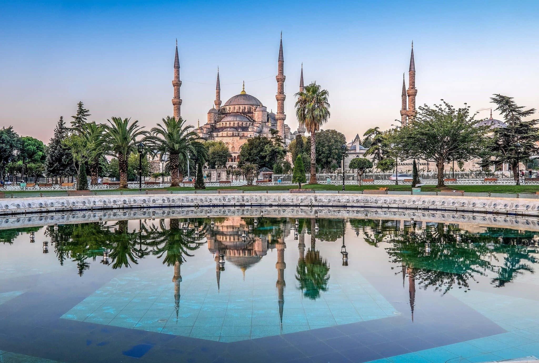 Sultan Ahmed Mosque, pool, palm trees, Full HD Desktop Wallpaper