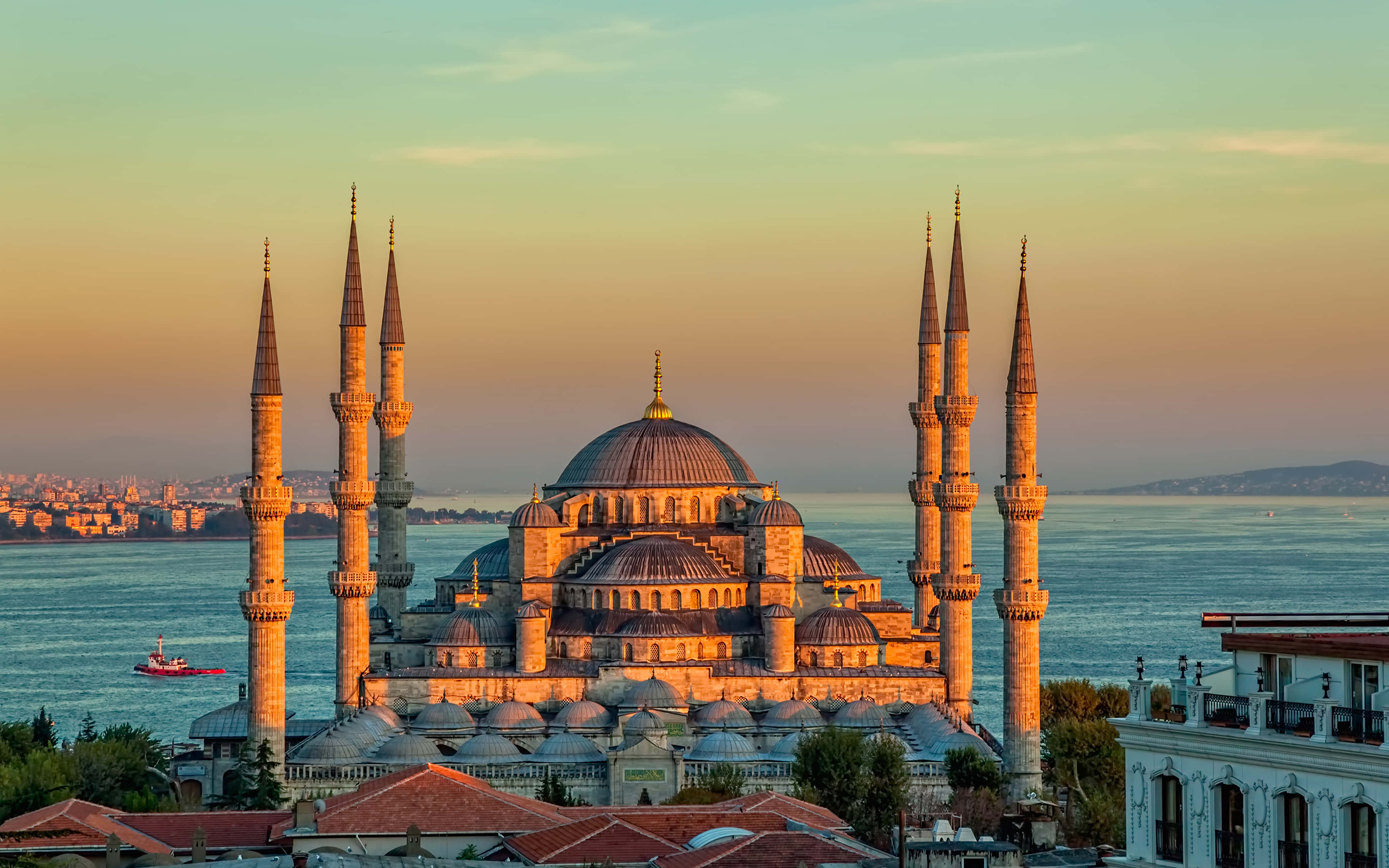 Sultan Ahmed Mosque, six minarets, evening, 4K Desktop Wallpaper