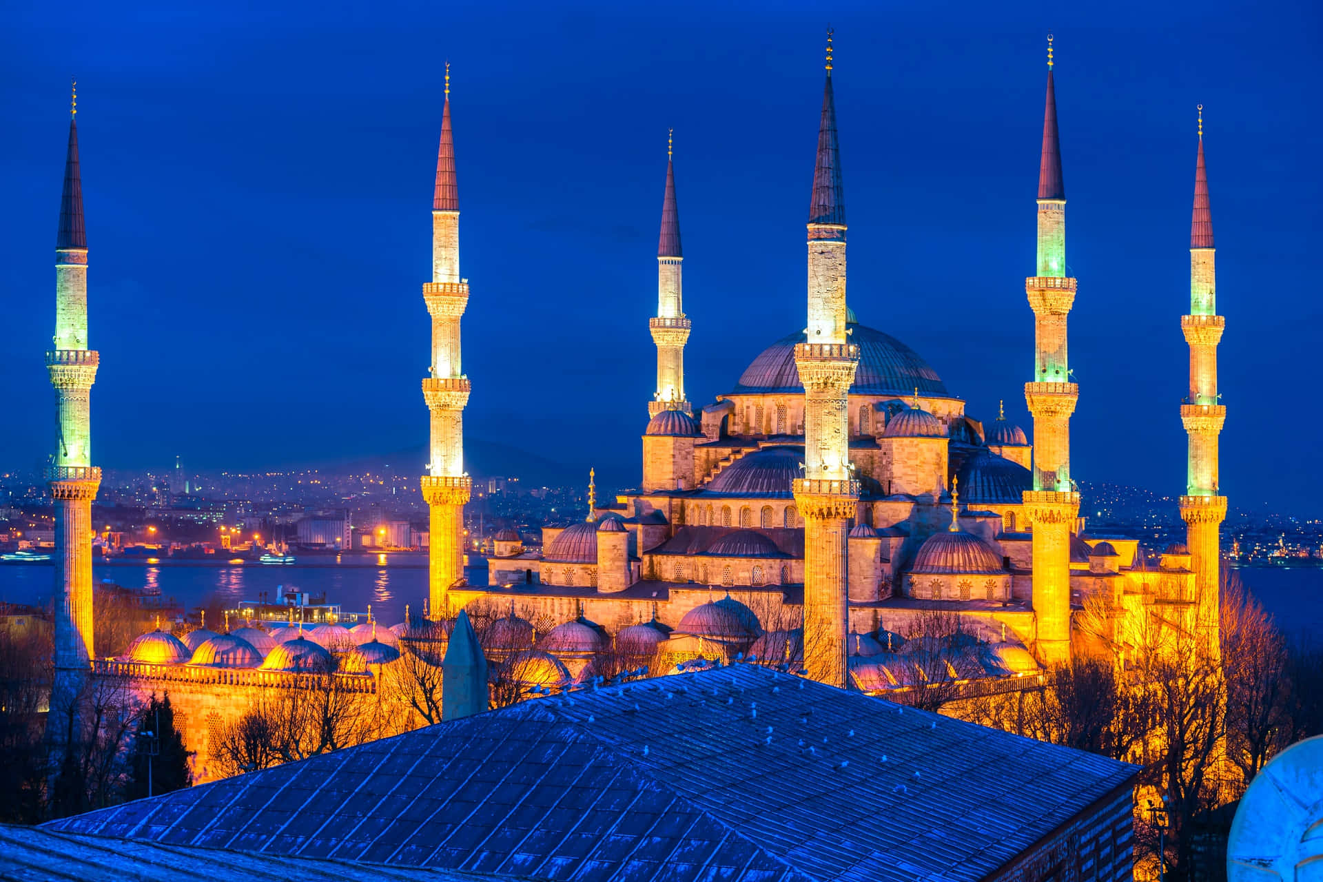 Sultan Ahmed Mosque, golden minarets, deep blue sky, Full HD Desktop Wallpaper