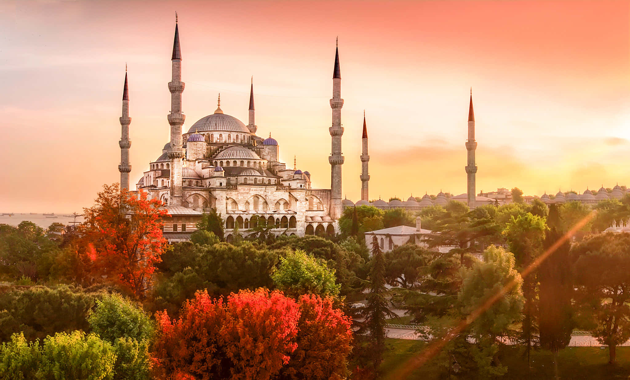 Sultan Ahmed Mosque, Red And Green, warm sunset sky, Full HD Desktop Wallpaper