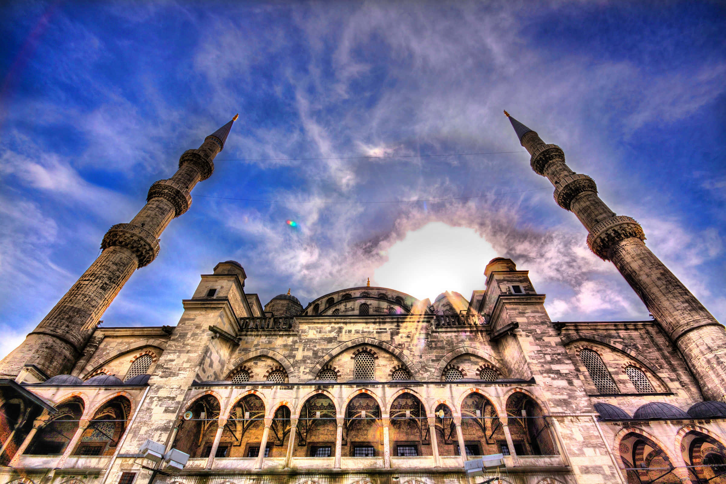 Sultan Ahmed Mosque, two towering minarets, vibrant blue sky, Full HD Desktop Wallpaper