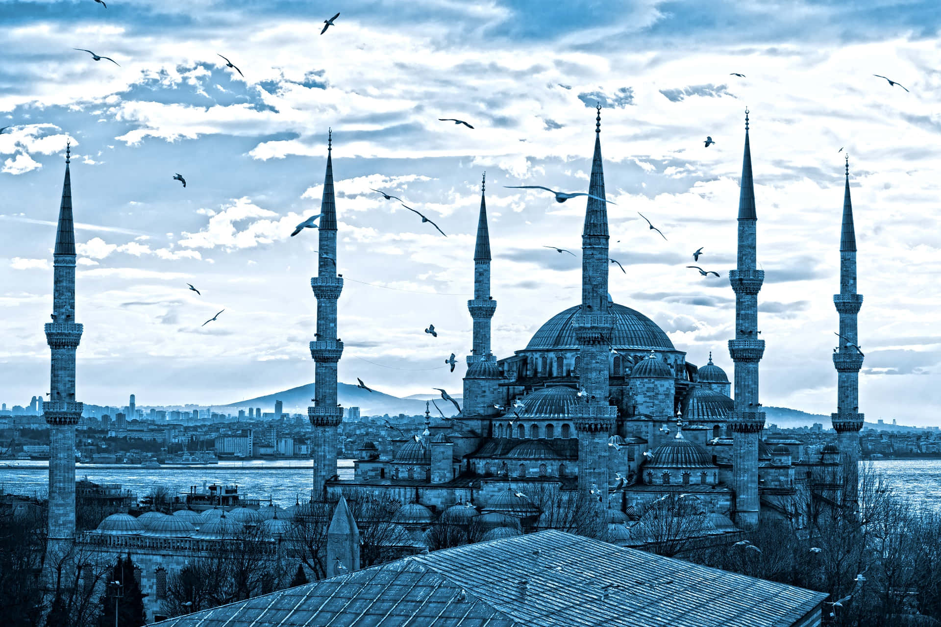 Sultan Ahmed Mosque, six minarets, domes, Full HD Desktop Wallpaper