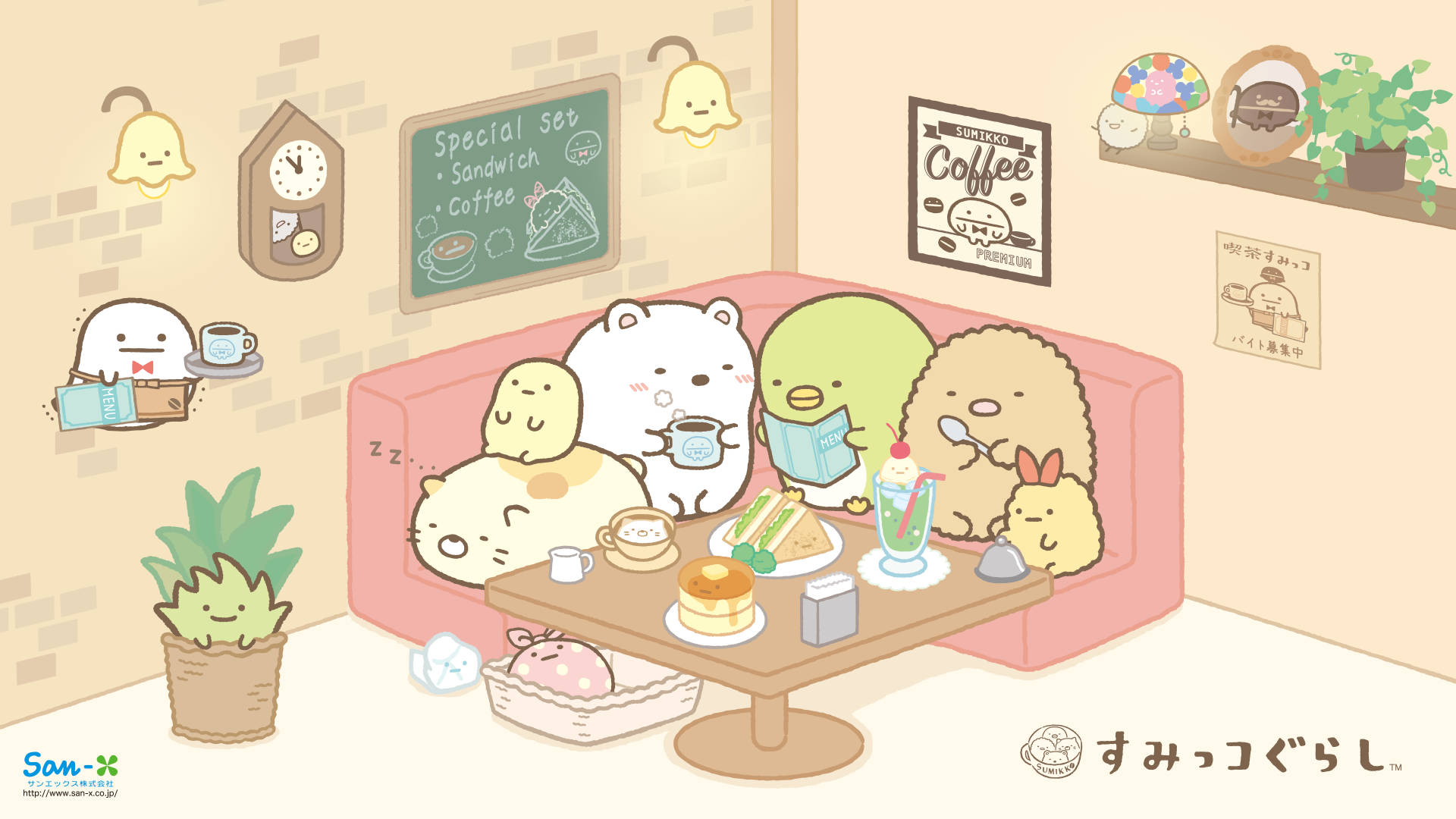 Sumikko Gurashi, cafe, pastel tones, Full HD Desktop Wallpaper
