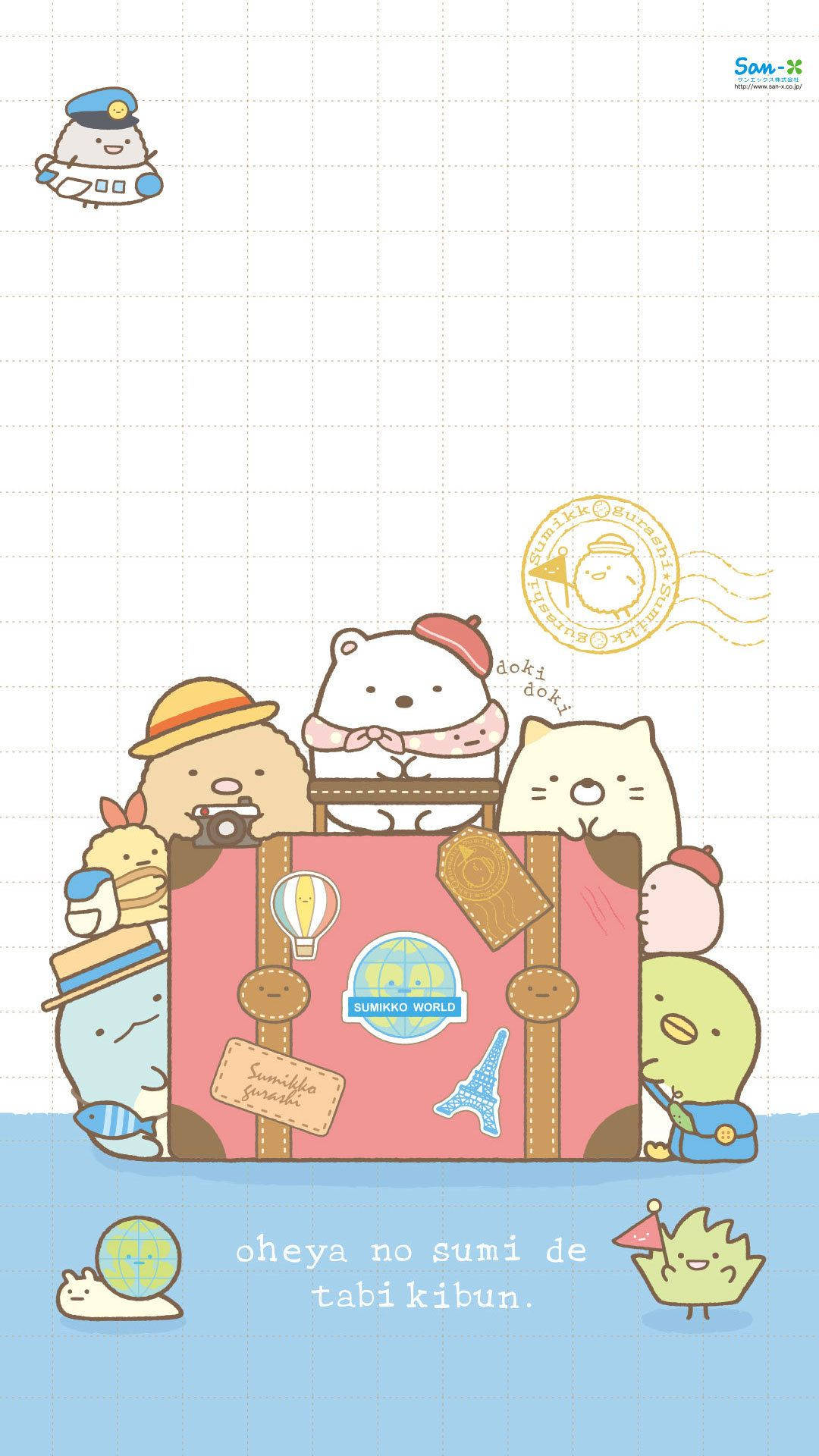 Sumikko Gurashi, pink suitcase, travel stickers, Full HD Phone Wallpaper