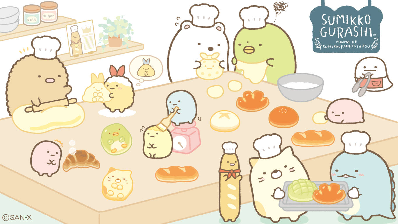 Sumikko Gurashi, chef hats, wooden table, HD Desktop Wallpaper