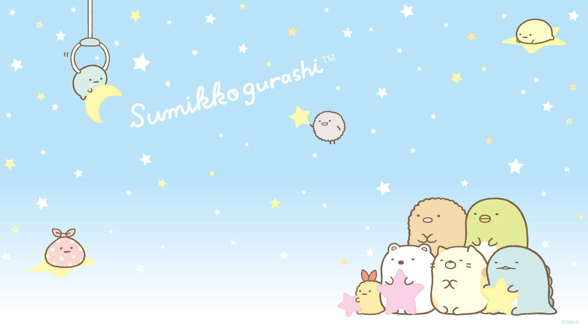 Sumikko Gurashi, crescent moon, starry sky, Full HD Desktop Wallpaper