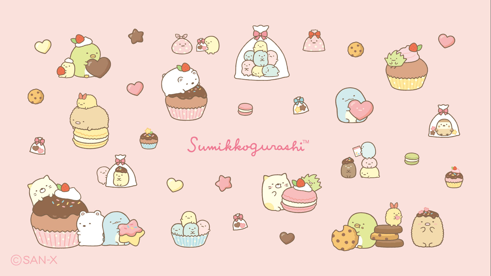 Sumikko Gurashi, pastries and desserts, pastel-colored, Full HD Desktop Wallpaper