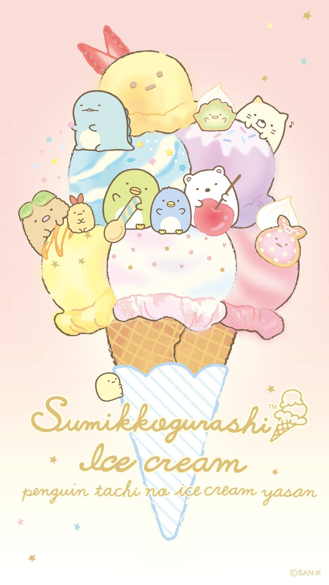 Sumikko Gurashi, pastel ice cream cone, soft pink starry background, Full HD Phone Wallpaper