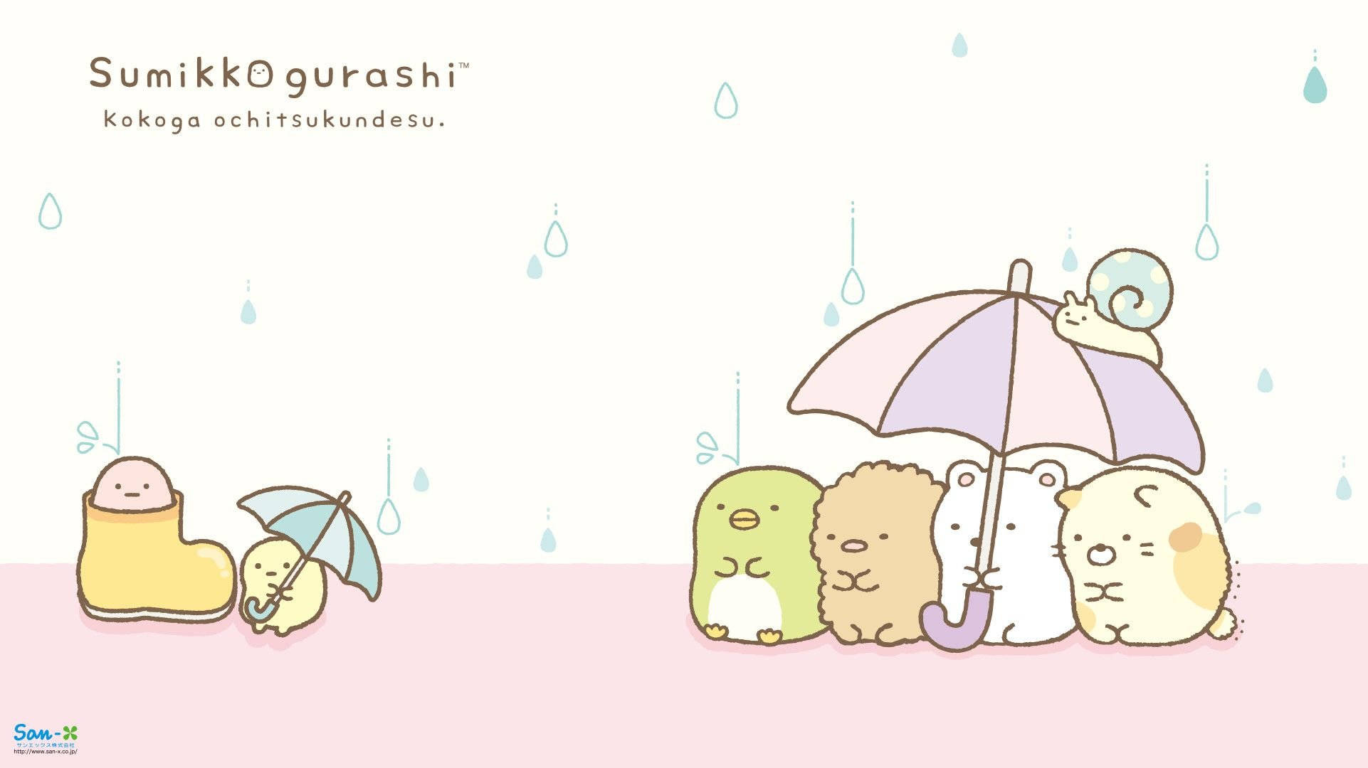 Sumikko Gurashi, pastel umbrella, raindrops, Full HD Desktop Wallpaper
