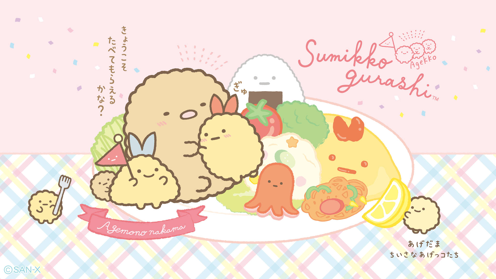 Sumikko Gurashi, white plate, checkered tablecloth, Full HD Desktop Wallpaper