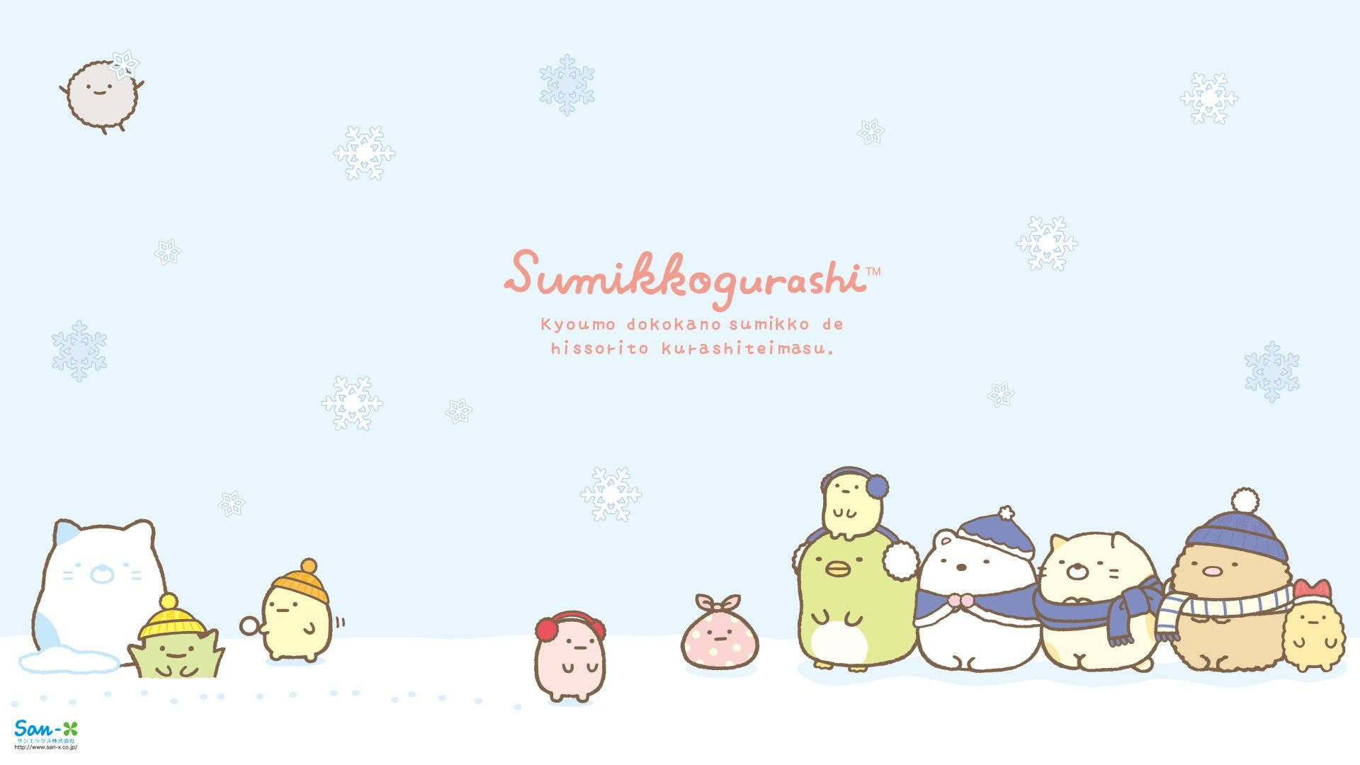 Sumikko Gurashi, winter clothes, snowy landscape, Full HD Desktop Wallpaper