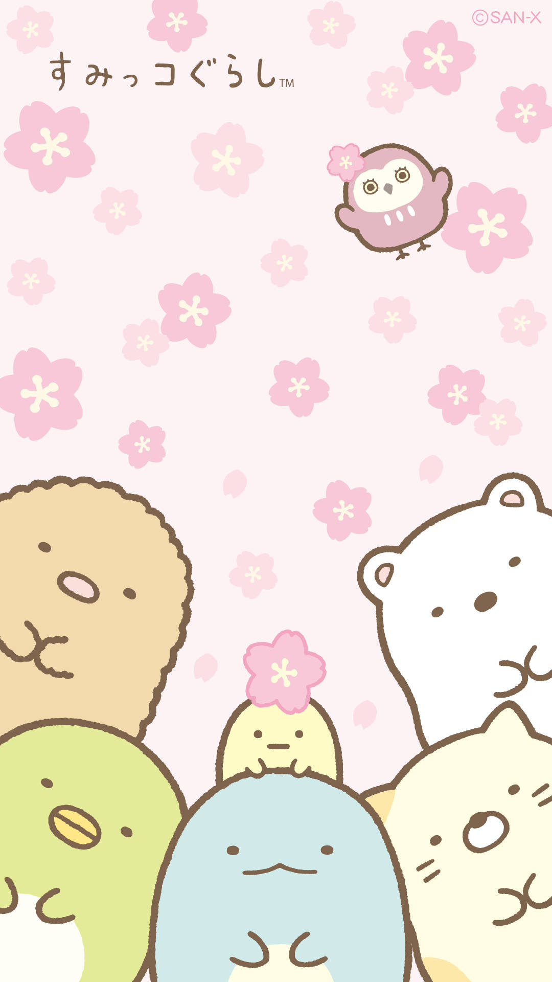 Sumikko Gurashi, main characters, pastel flowers, Full HD Phone Wallpaper
