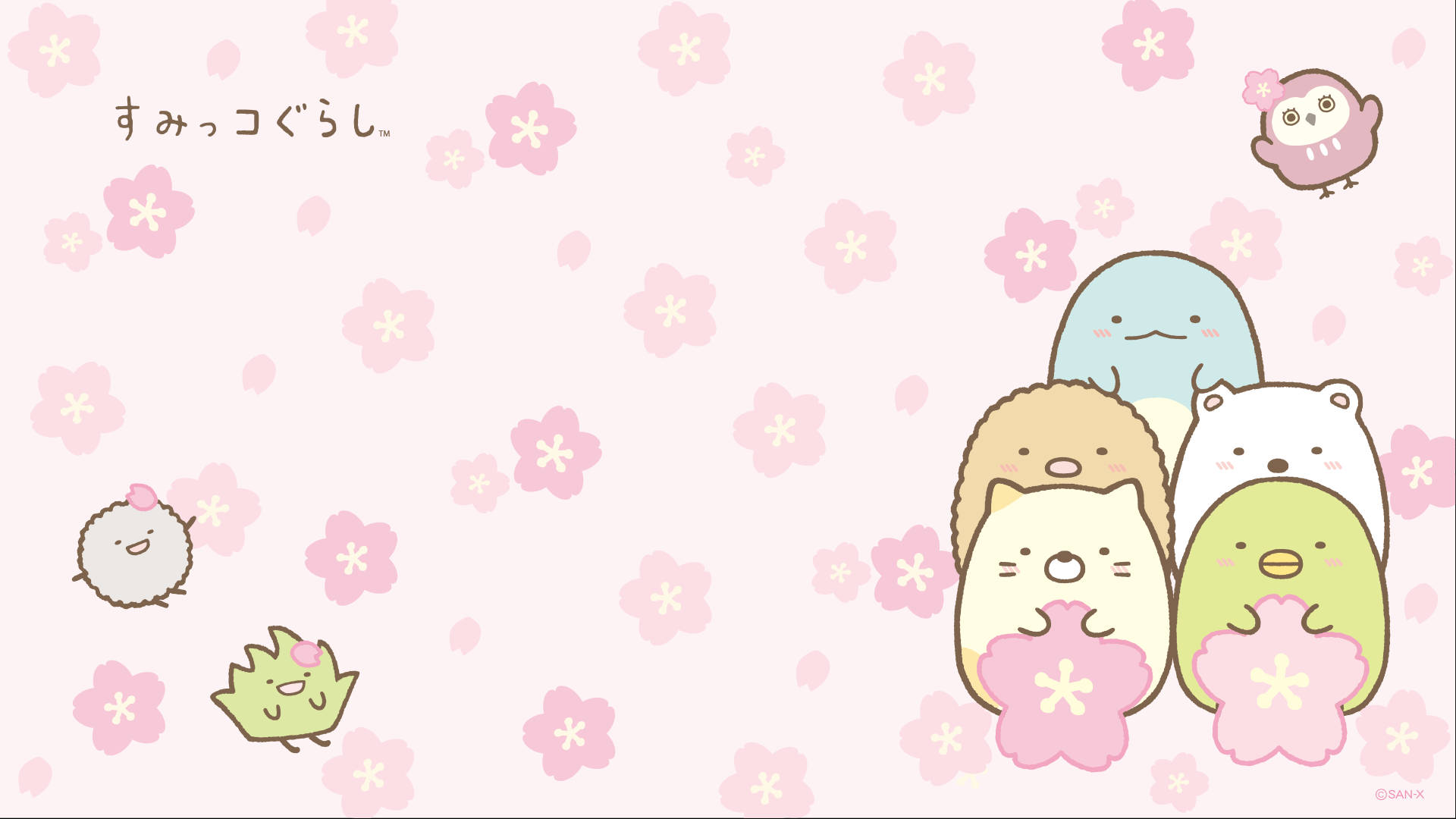 Sumikko Gurashi, cherry blossoms, pink cherry blossoms, Full HD Desktop Wallpaper