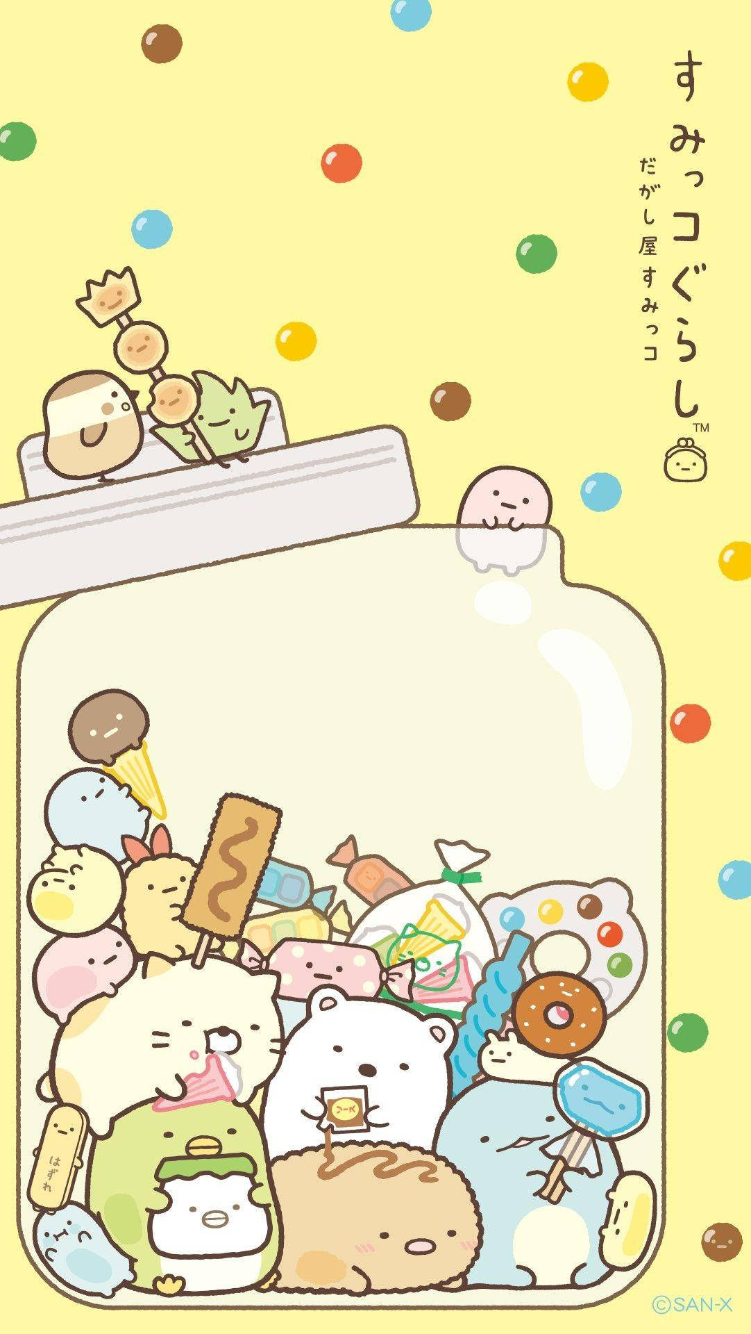 Sumikko Gurashi, jar, colorful candies, Full HD Phone Wallpaper